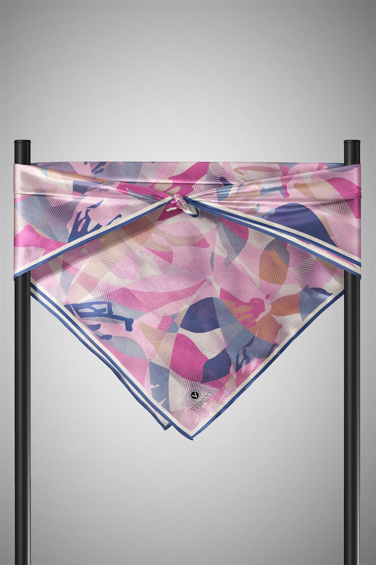 %100 Twill İpek Çiçek Desenli Pembe - İndigo Renkli 90x90 Eşarp Dikim Şekli : El Dikişi