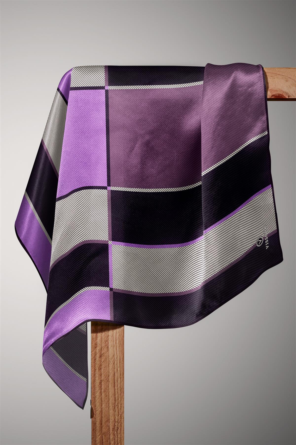 %100 Twill İpek Geometrik Desenli Lila Renkli 90x90 Eşarp Dikim Şekli : El Dikişi