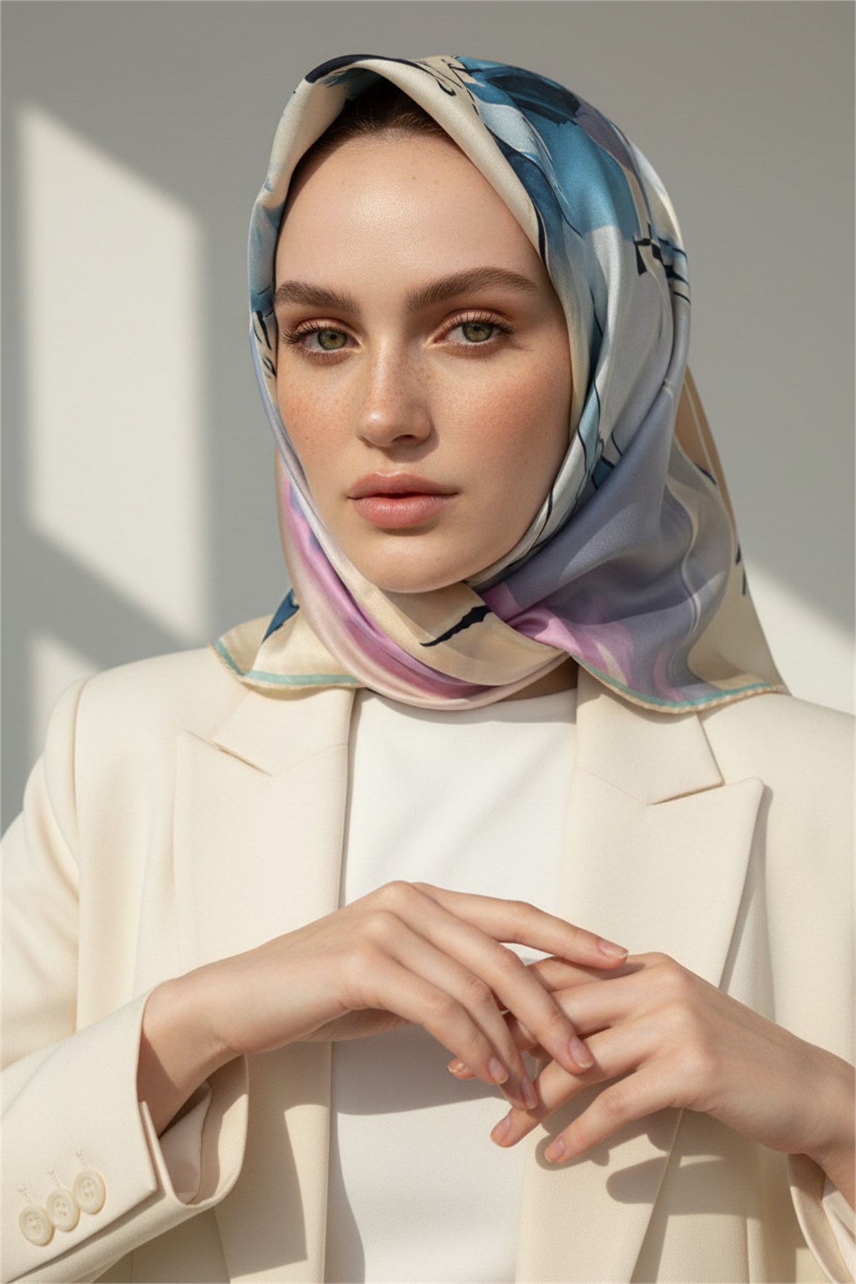 %100 Twill İpek Eşarp 90x90 Soyut Sulu Boya Desenli El Dikişli Kadın Eşarp