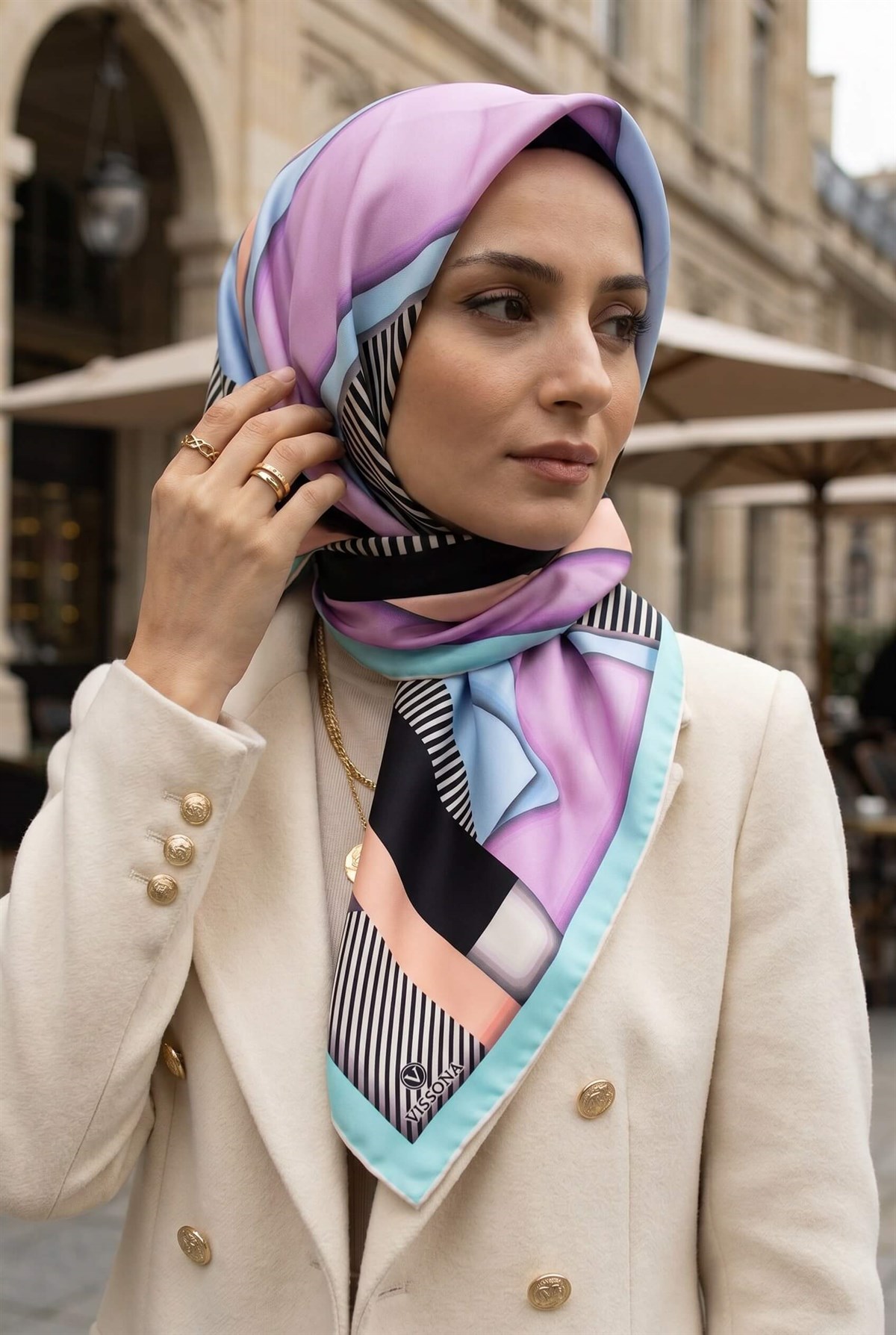 %100 Twill Renk Bloklu Çizgili Desenli Pudra - Bebe Mavisi Renkli 90x90 Eşarp Dikim Şekli: El Dikişii