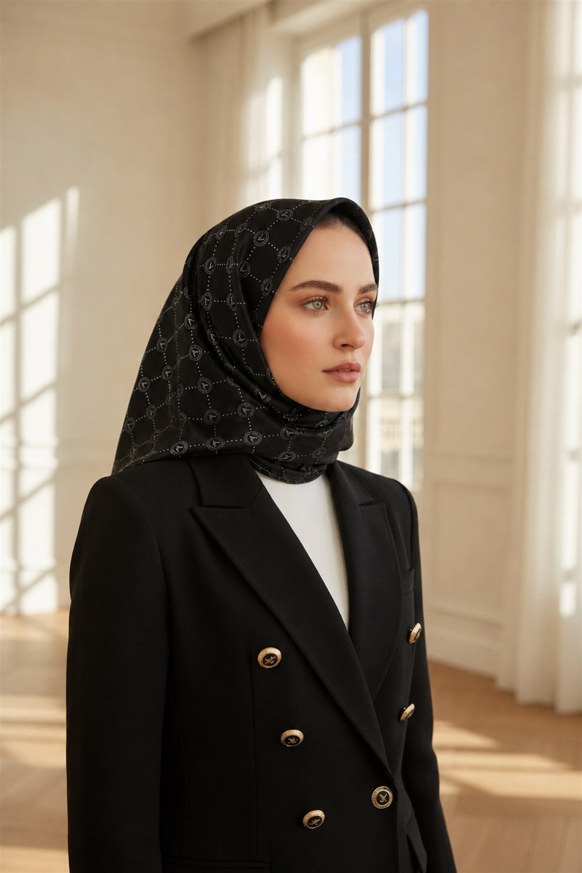 %100 Twill İpek Zincirli Ve Monogram Desenli Siyah - Krem Renkli 90x90 Eşarp Dikim Şekli : El Dikişi