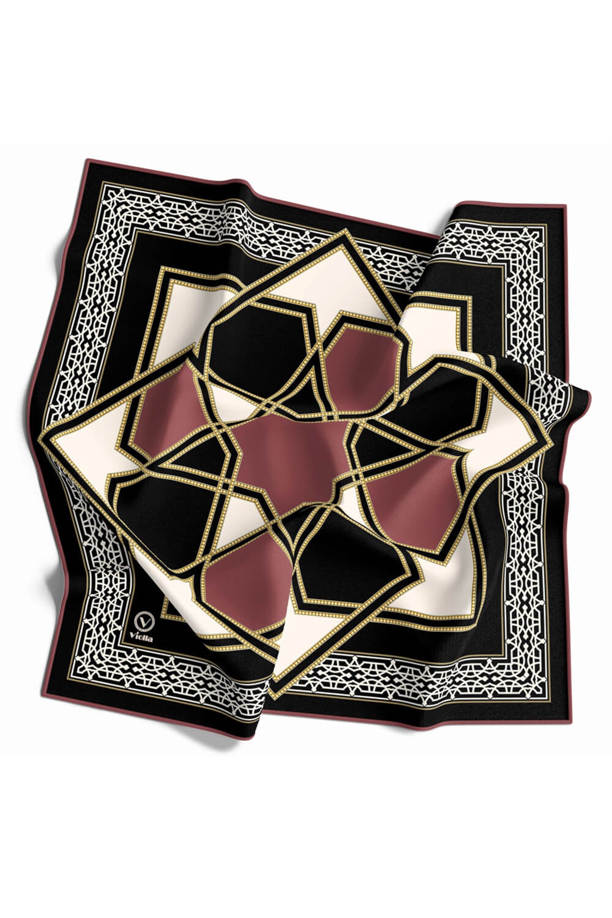 Twill Osmanlı Çini Desenli Gül Kurusu Renkli 90x90 Eşarp (İpek İçermez)Kenar Dikiş Şekli El Dikişli