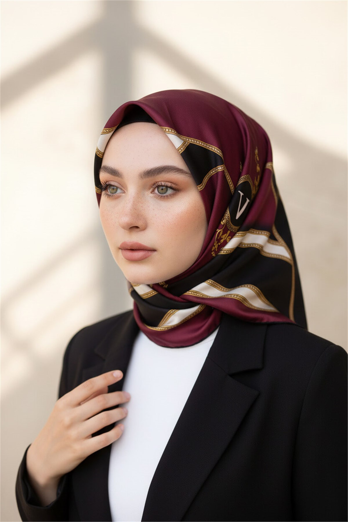 %100 Twill İpek Baroklu Ve Geometrik Desenli Bordo - Siyah Renkli 90x90 Eşarp Dikim Şekli : El Dikişi