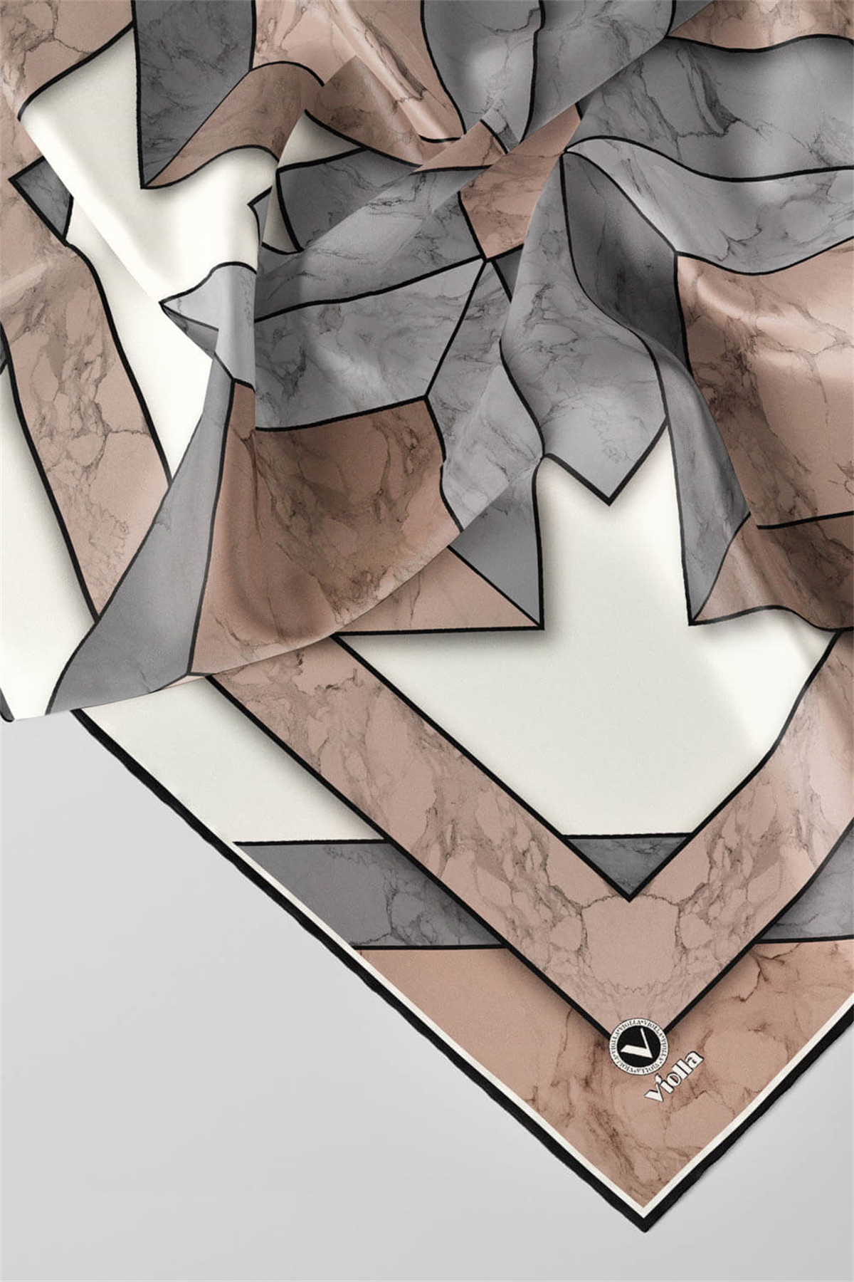 Twill Mermer Desenli Gri - Bej Renkli 90x90 Eşarp (İpek İçermez) Kenar Dikiş Şekli El Dikişli