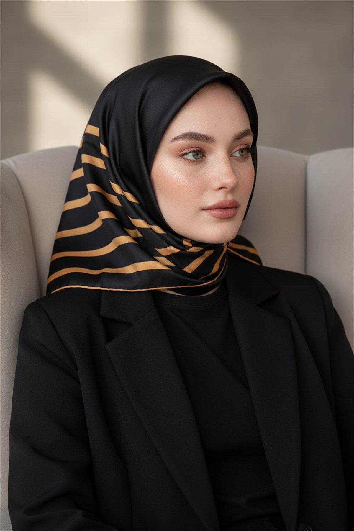 %100 Twill İpek Çizgili Desenli Siyah - Gold Renkli 90x90 Eşarp Dikim Şekli : El Dikişi