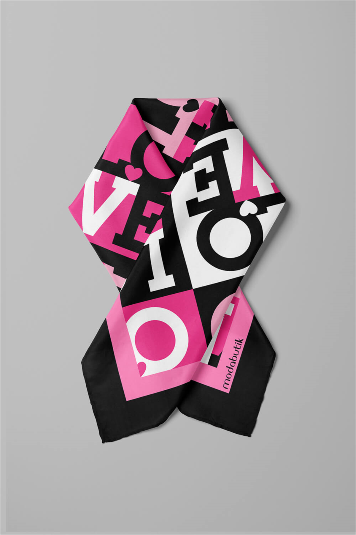 B87 Kadın Siyah Pembe Love Desenli 50x50 Bandana HYL DG0847-22