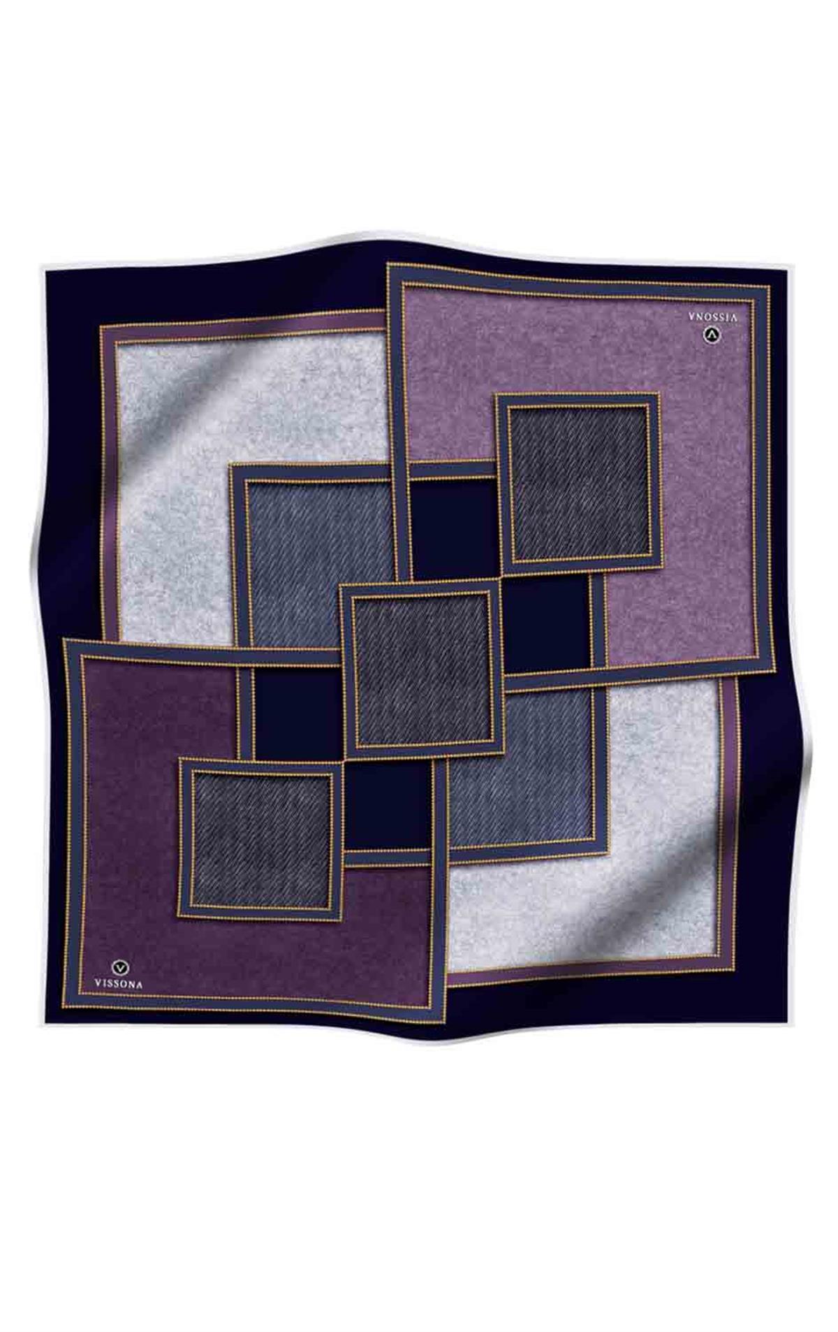 100% Twill İpek Gold Detaylı Kare Desenli Lacivert - Mürdüm Renkli 90x90 Dikim Şekli : El Dikişi