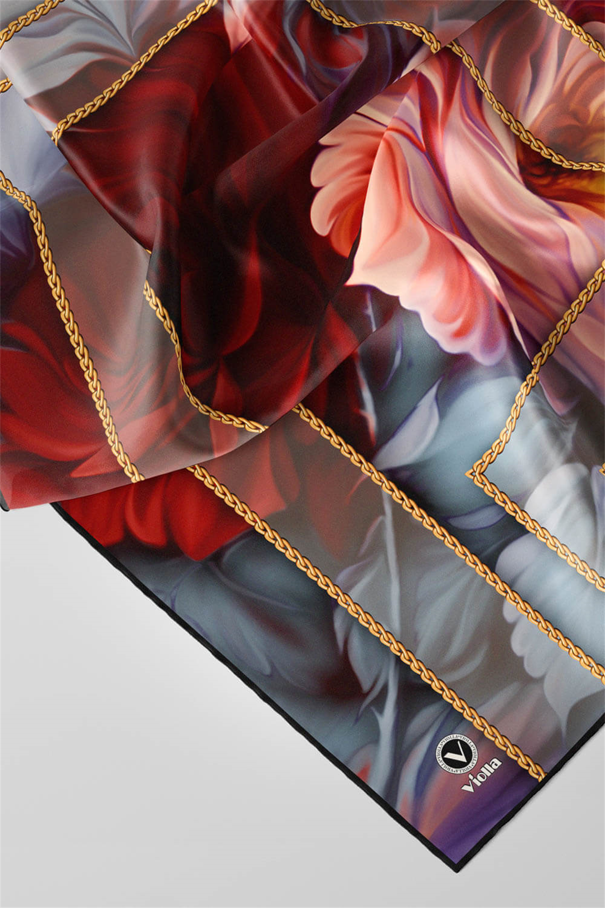 Twill Gül Desenli Kırmızı - Bebe Mavisi Renkli 90x90 Eşarp (İpek İçermez) Kenar Dikiş Şekli El Dikişli