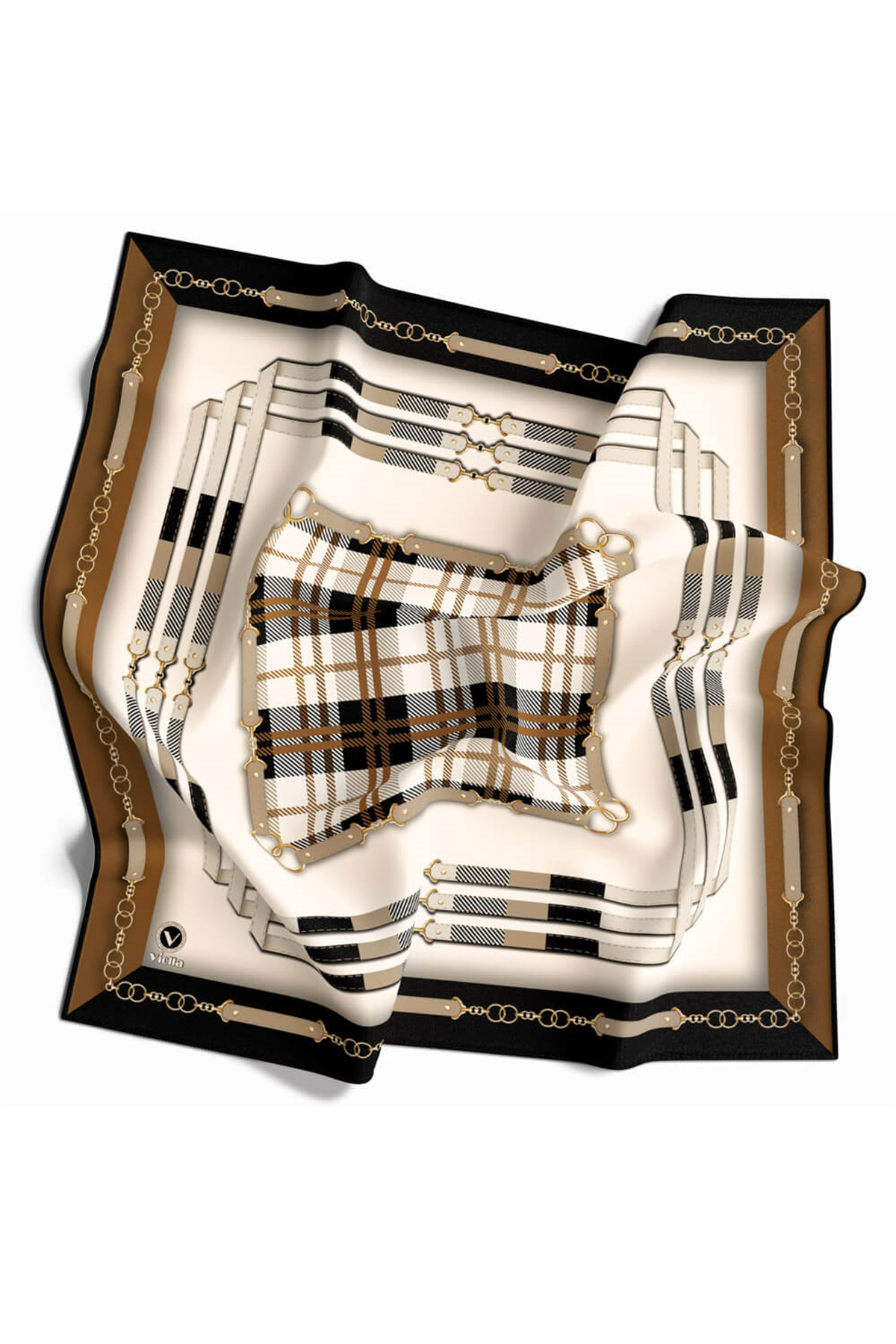 Twill Ekoseli Ve Zincir Desenli Taba Renkli 90x90 Eşarp (İpek İçermez) Dikim Şekli : El Dikişi