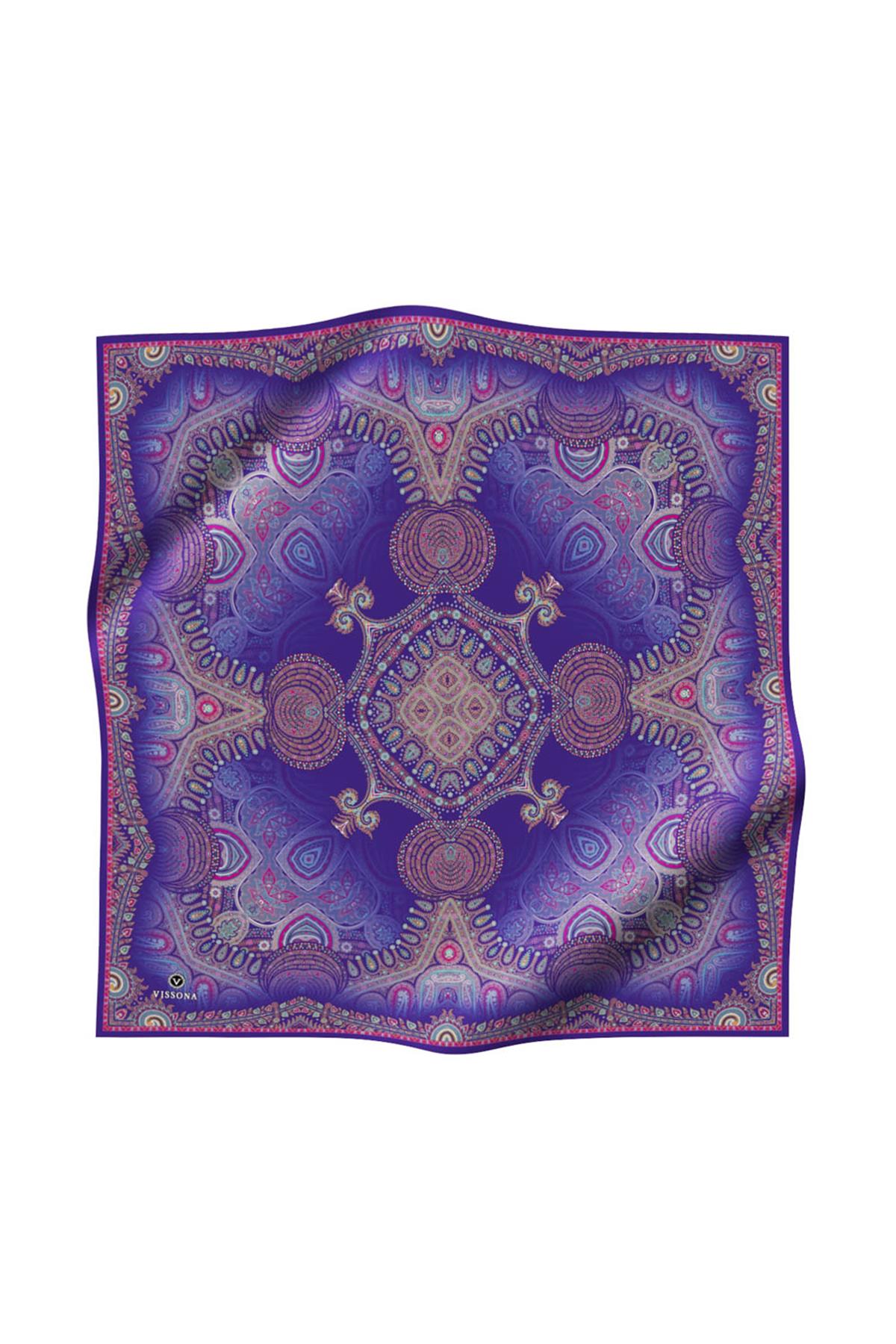 %100 Twill İpek Şal Desenli Mor Renkli 90x90 Eşarp Dikim Şekli : El Dikişi