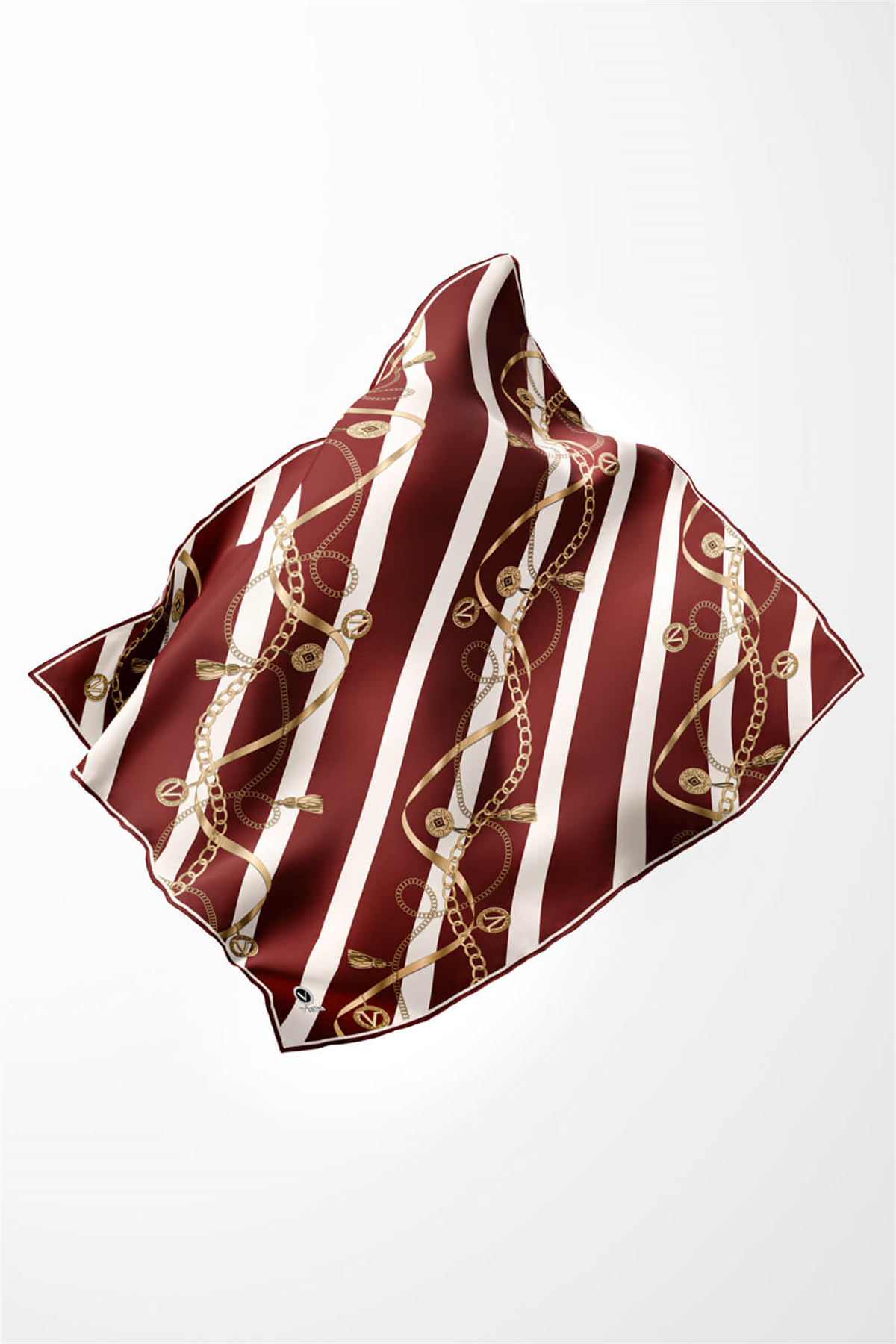 Twill Çizgili Kemer ve Zinci Desenli Bordo Renkli 90x90 Eşarp (İpek İçermez) Kenar Dikiş Şekli El Dikişli