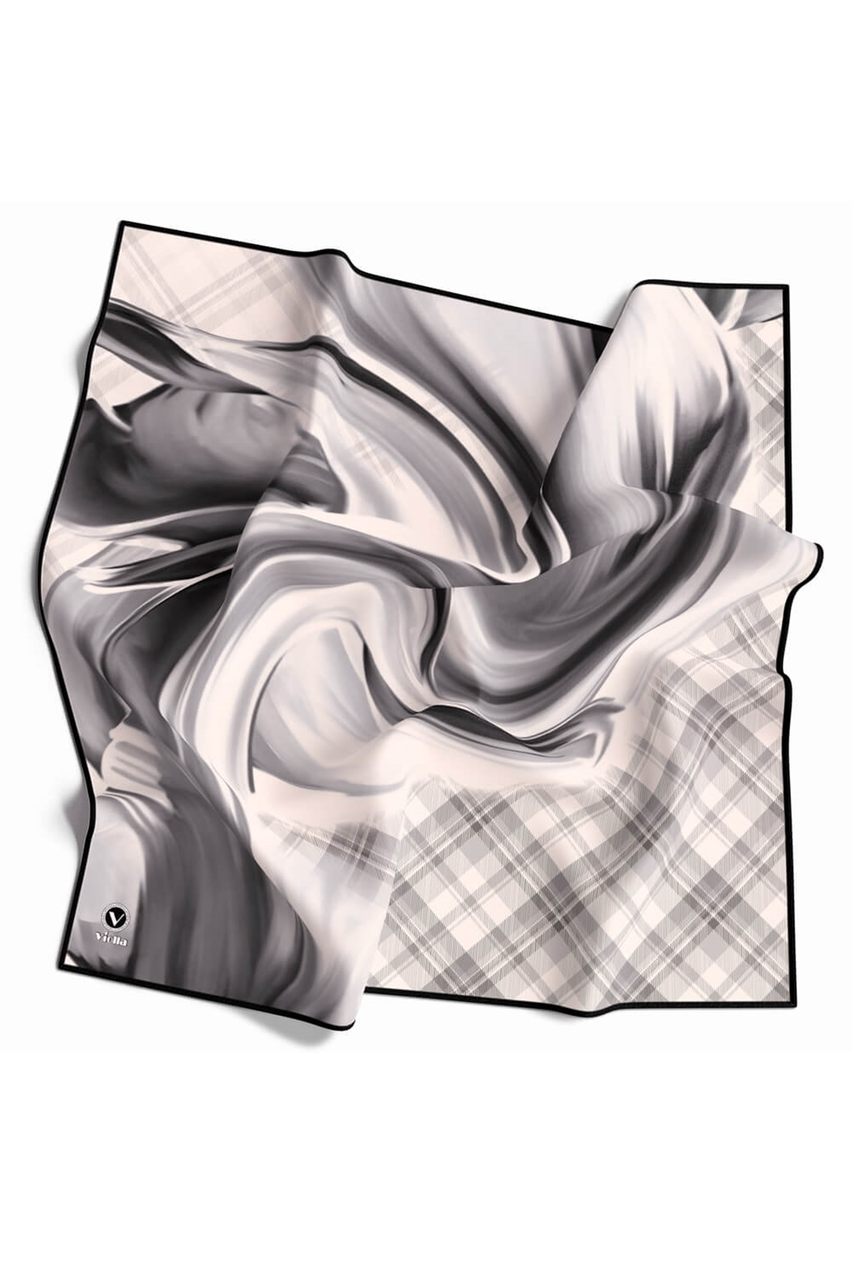 Twill Dalga ve Ekose Desenli Gri Renkli 90x90 Eşarp (İpek İçermez)Kenar Dikiş Şekli El Dikişli