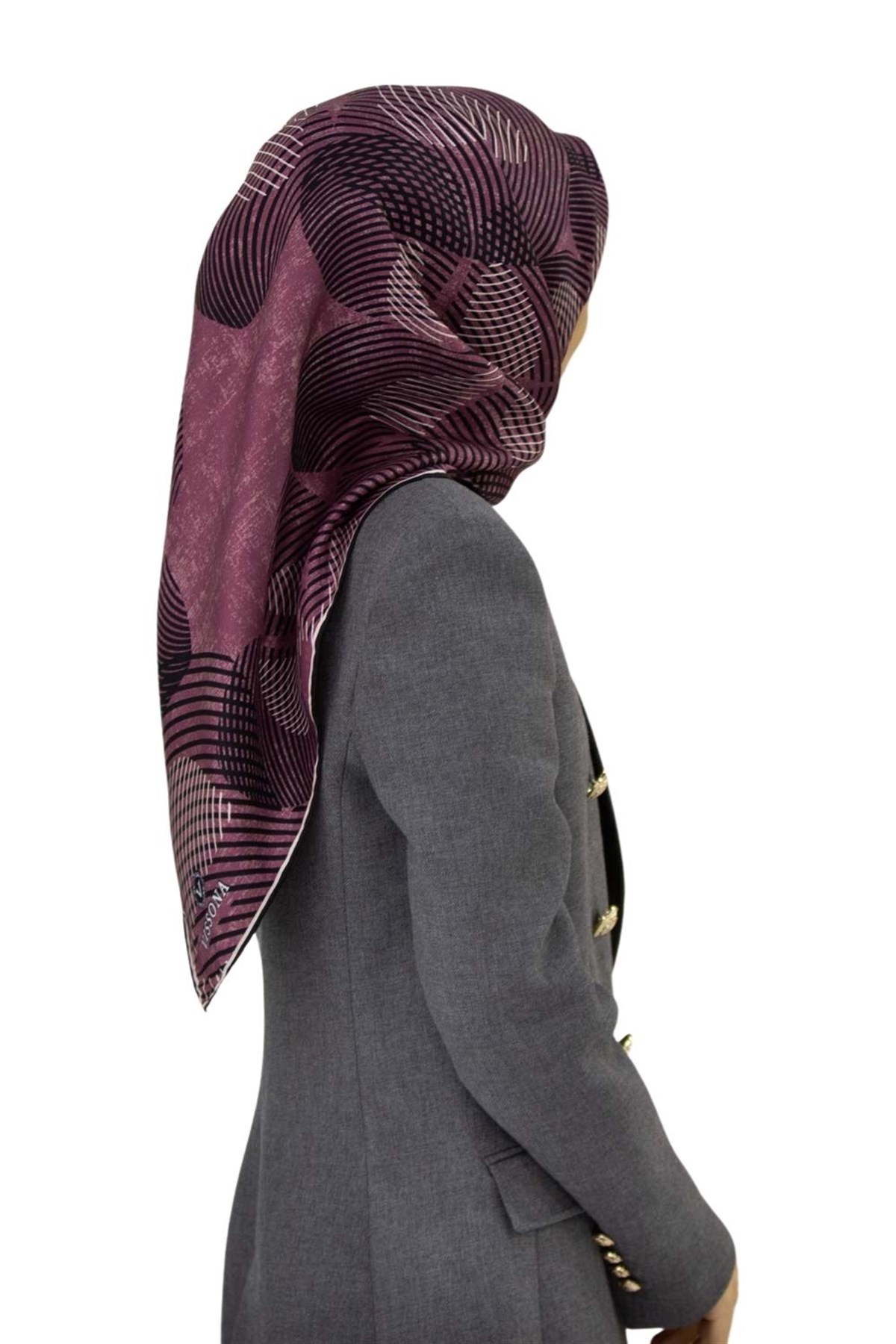 %100 Twill İpek Çizgili Çiçek Desenli Siyah - Gül Kurusu Renkli 90x90 Eşarp Dikim Şekli : El Dikişi