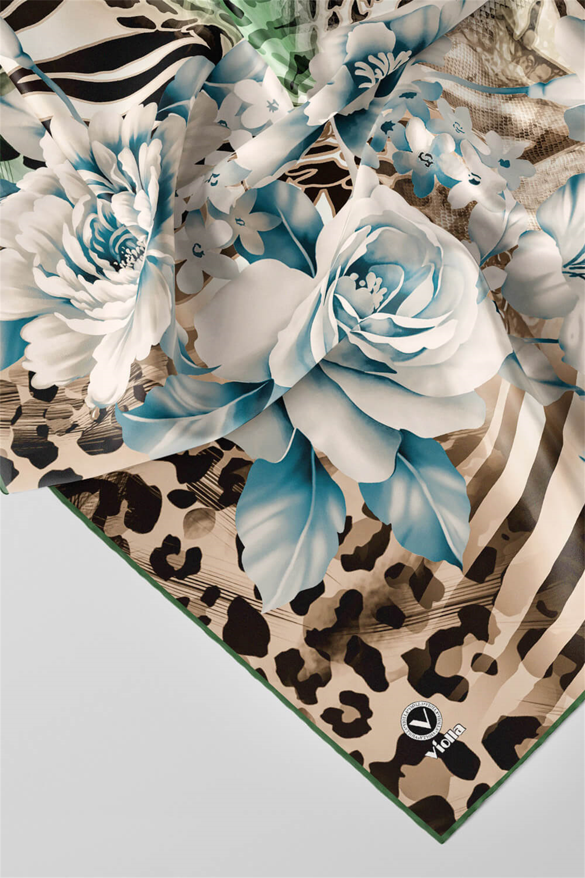Twill Renkli Şerit Desenli Mint Yeşili - Bej Renkli 90x90 Eşarp (İpek İçermez) Kenar Dikiş Şekli El Dikişli