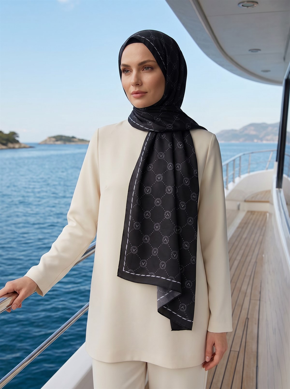 % 100 İpek V Logo Desenli Siyah - Gri Renkli 90x210 Şal