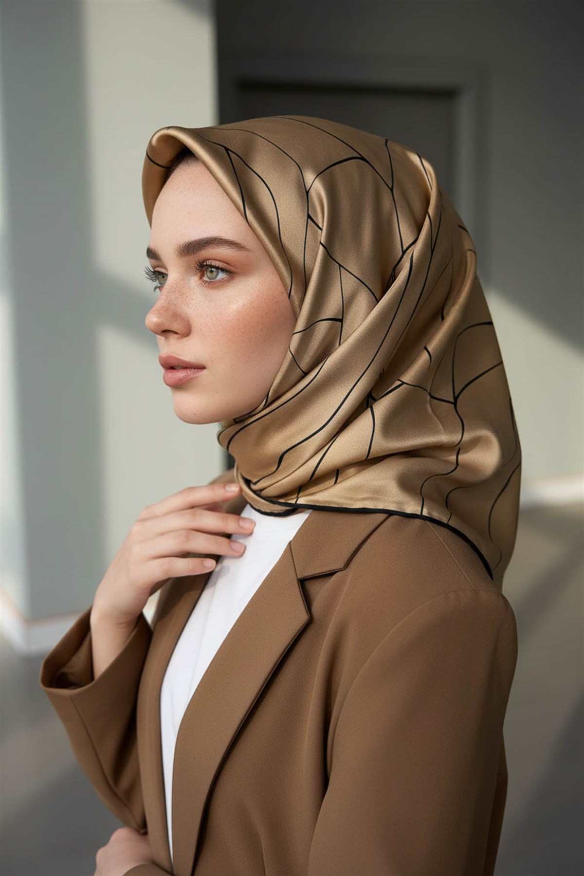 %100 Twill İpek Çizgi Desenli Bej - Siyah Renkli 90x90 Eşarp Dikim Şekli : El Dikişi