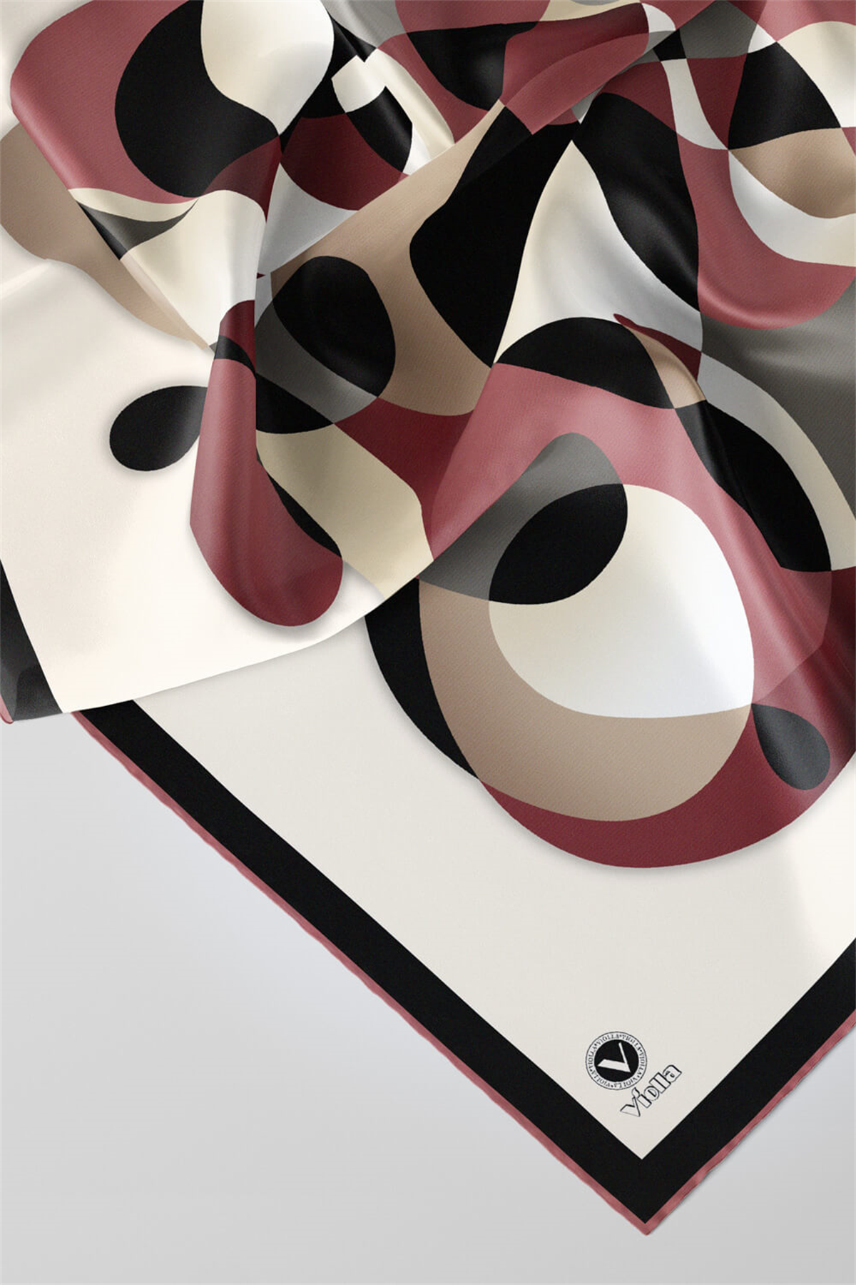 Twill Geometrik Desenli Pudra Renkli 90x90 Eşarp (İpek İçermez) Kenar Dikiş Şekli El Dikişli