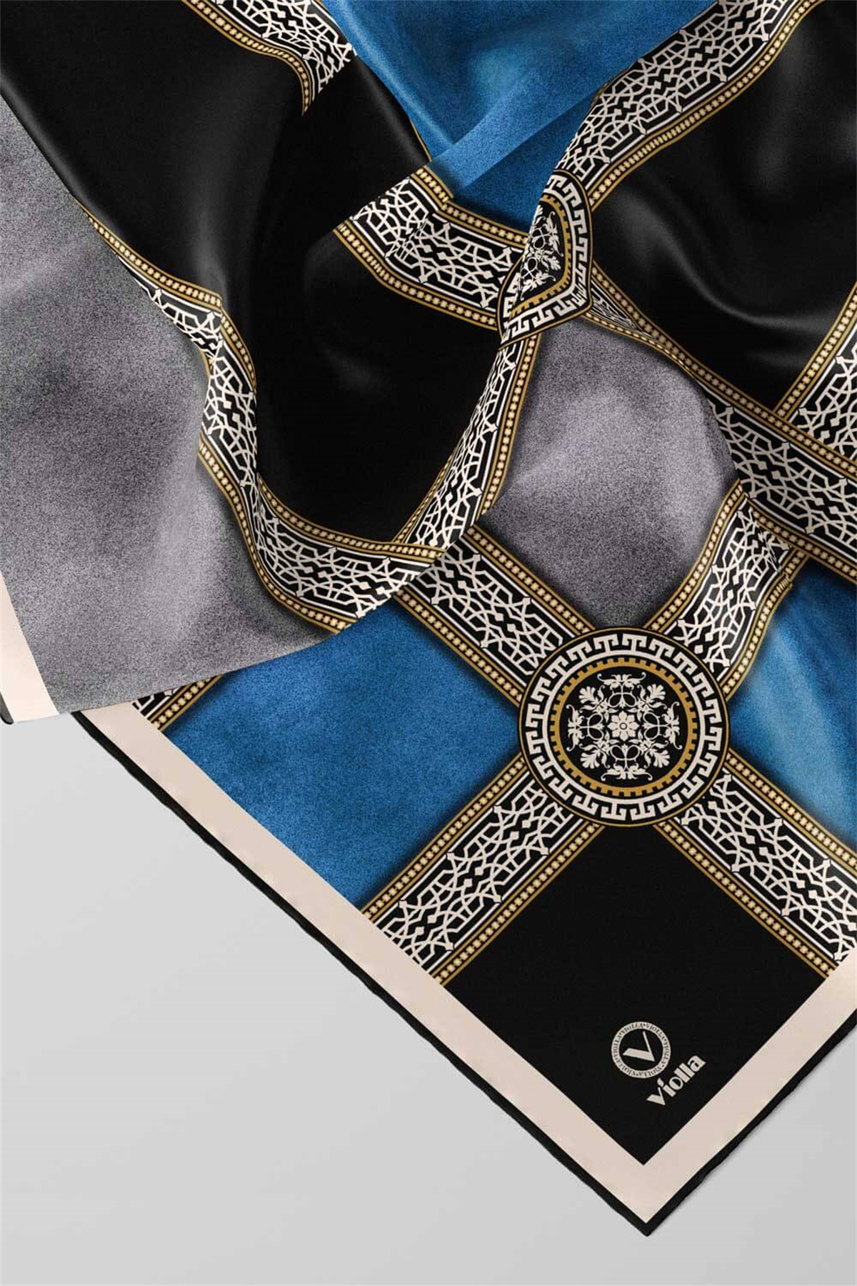Twill Geometrik Desenli Turkuaz Renkli 90x90 Eşarp (İpek İçermez) Kenar Dikiş Şekli El Dikişli