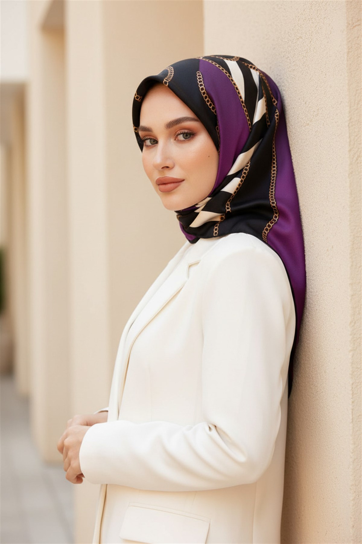 %100 Twill İpek Zincirli Çizgi Desenli Siyah - Mürdüm Renkli 90x90 Eşarp Dikim Şekli : El Dikişi