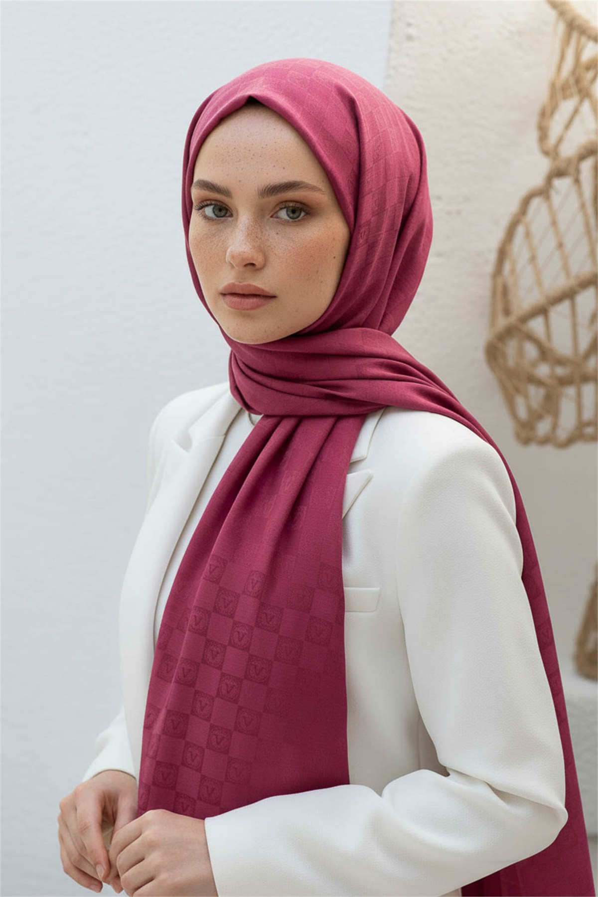 Vissona %57 İPEK %43 PAMUK Monogram Desenli Şarabi Renkli Şal -  70x190 Dikiş Tipi İtalyan Dikişli