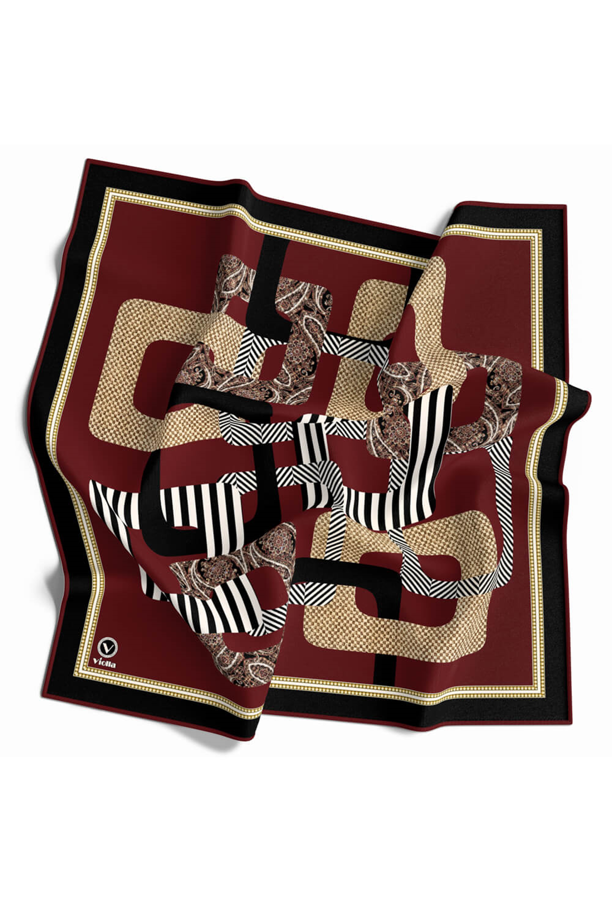 Twill Geometrik Desenli Bordo Renkli 90x90 Eşarp (İpek İçermez) Kenar Dikiş Şekli El Dikişli