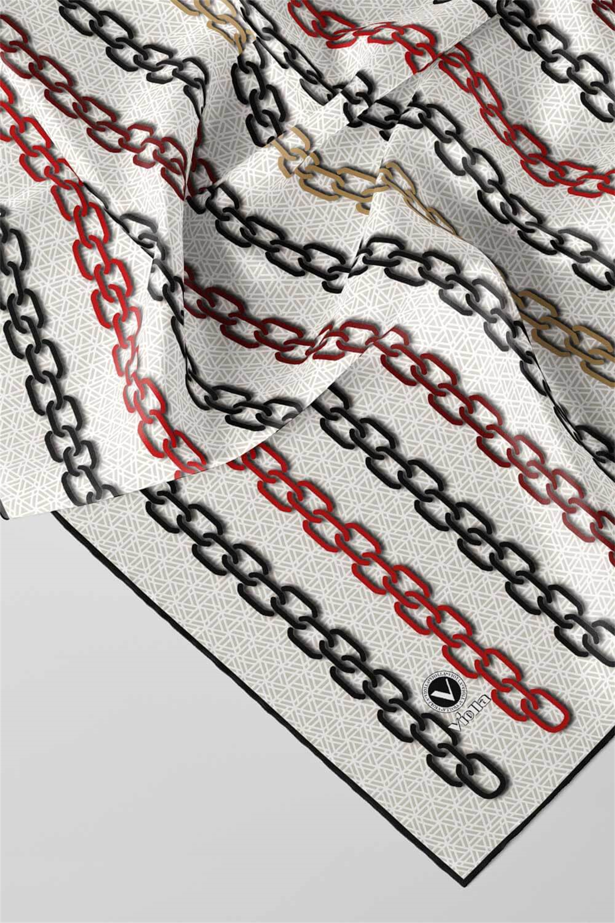Twill Zincir Desenli Krem - Bordo Renkli 90x90 Eşarp (İpek İçermez) Kenar Dikiş Şekli El Dikişli