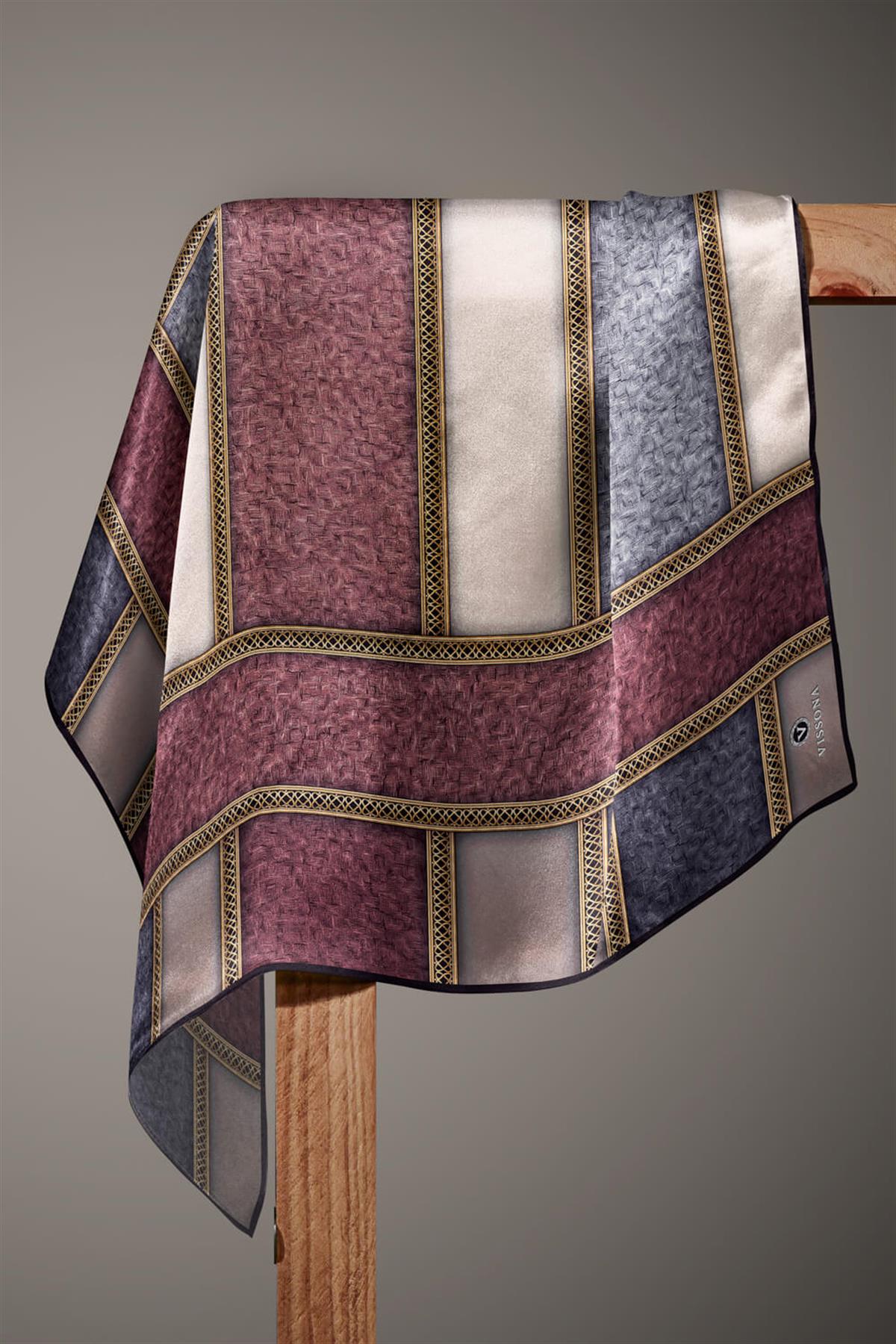 %100 Twill İpek Dokulu Ve Şerit Desenli Gri - Pudra Renkli 90x90 Eşarp Dikim Şekli : El Dikişi