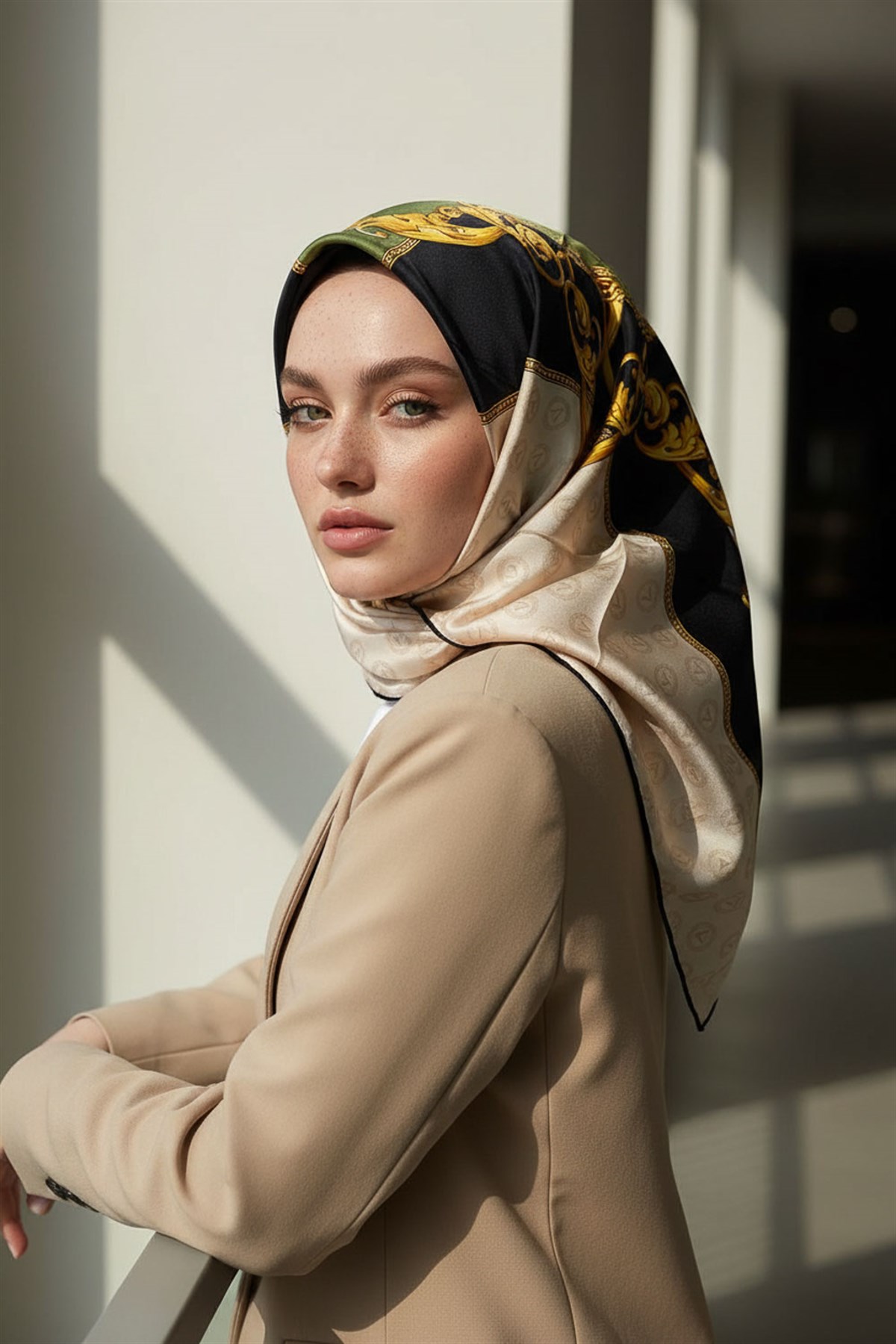 %100 Twill İpek Monogram Ve Barok Desenli Siyah - Haki Renkli 90x90 Eşarp Dikim Şekli : El Dikişi