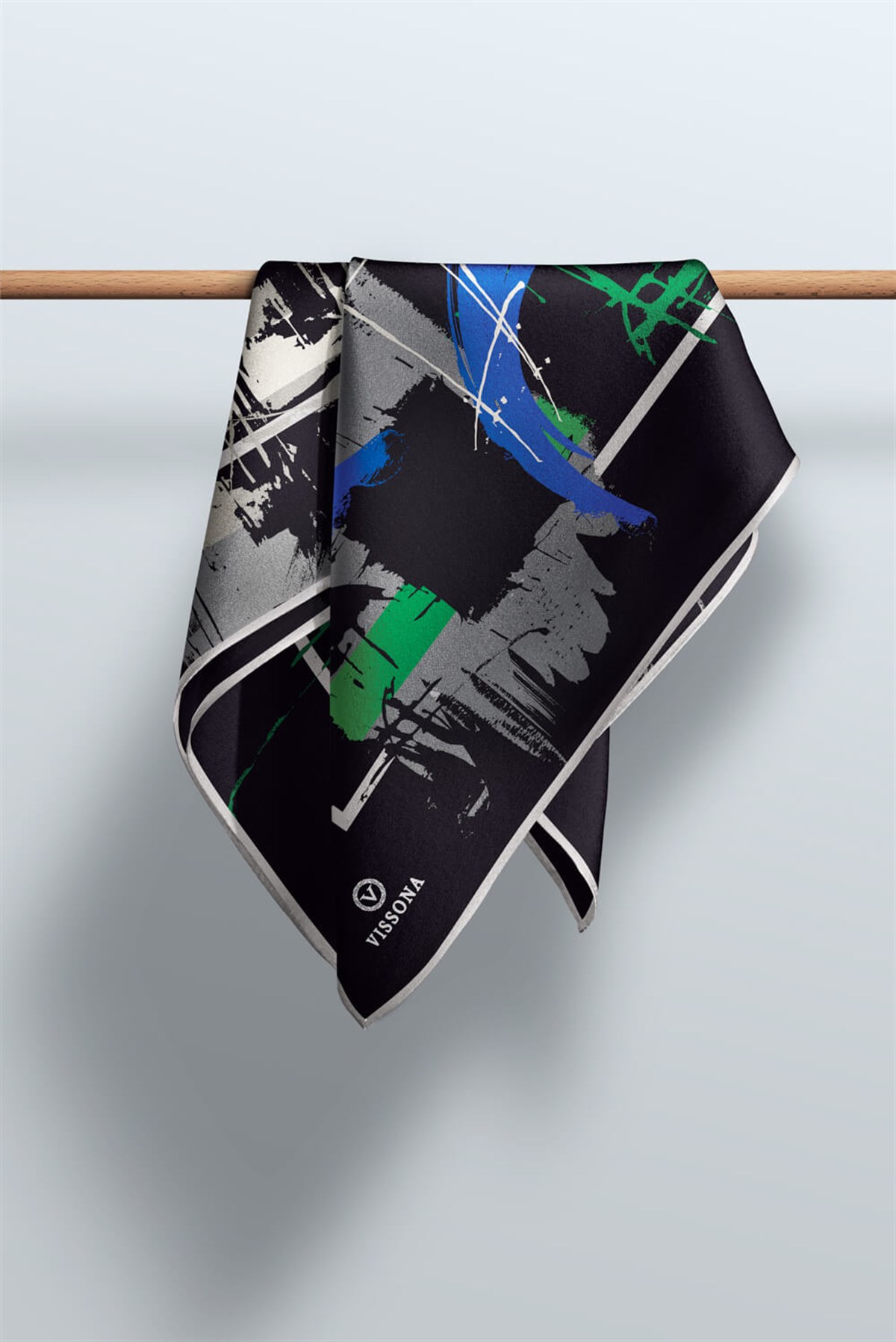 %100 Twill İpek Geometrik Desenli Saks - Zümrüt Yeşili Renkli 90x90 Eşarp Dikim Şekli : El Dikişi