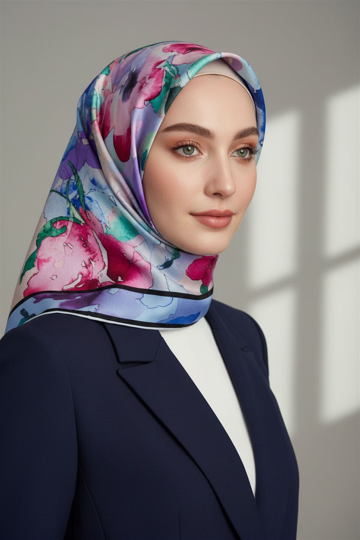 %100 Twill İpek Sulu Boyalı Çiçek Desenli Bebe Mavisi - Pembe Renkli 90x90 Eşarp Dikim Şekli : El Dikişi