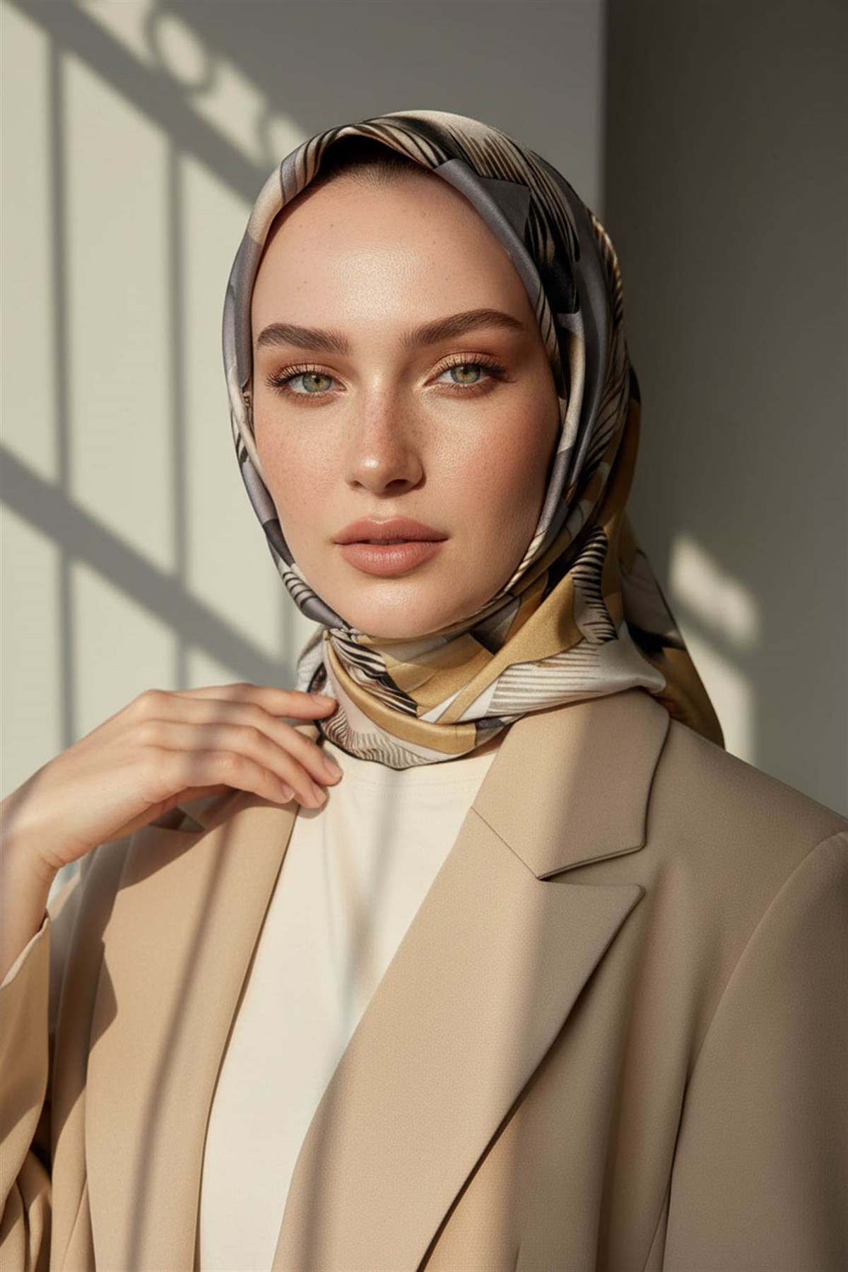 %100 Twill İpek Geometrik Desenli Gri - Bej Kabuğu Renkli 90x90 Eşarp Dikim Şekli : El Dikişi