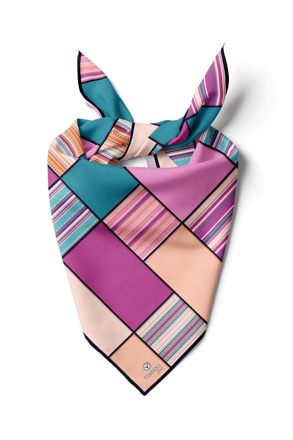 %100 İpek Kadın Geometrik Desenli Bandana 80x80