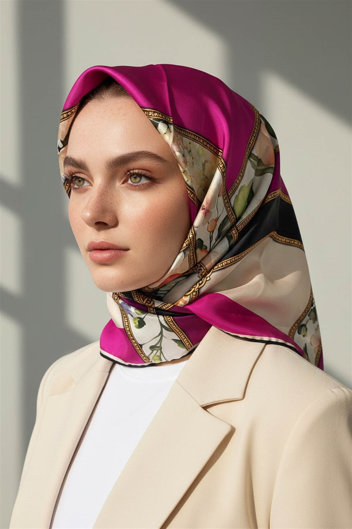 100% Twill İpek Şeritli Çiçek Desenli Fuşya - Krem Renkli 90x90 Dikim Şekli : El Dikişi Eşarp