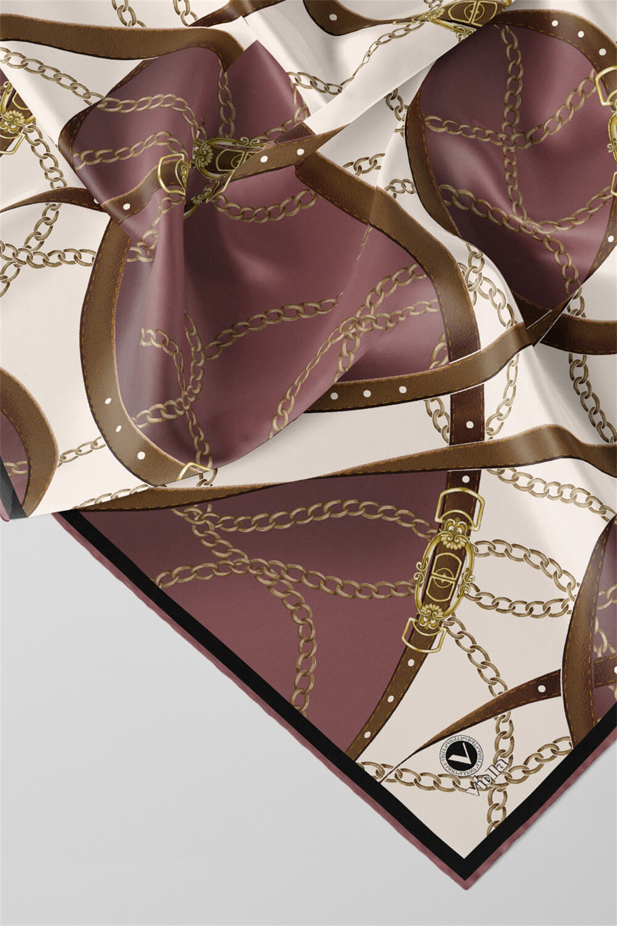 Twill Kemer ve Zincir Desenli Gül Kurusu Renkli 90x90 Eşarp (İpek İçermez) Kenar Dikiş Şekli El Dikişli