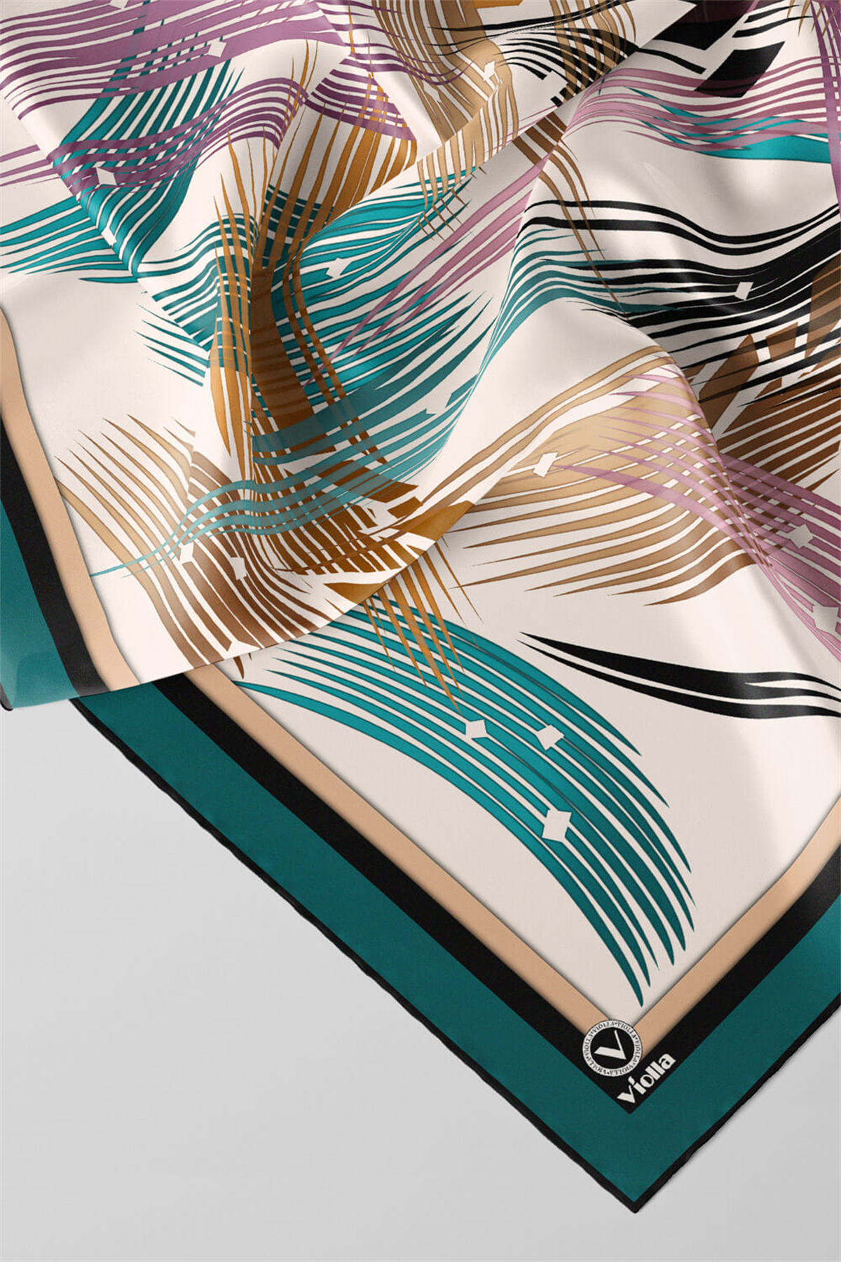 Twill Geometrik Desenli Petrol Yeşili Renkli 90x90 Eşarp (İpek İçermez) Kenar Dikiş Şekli El Dikişli