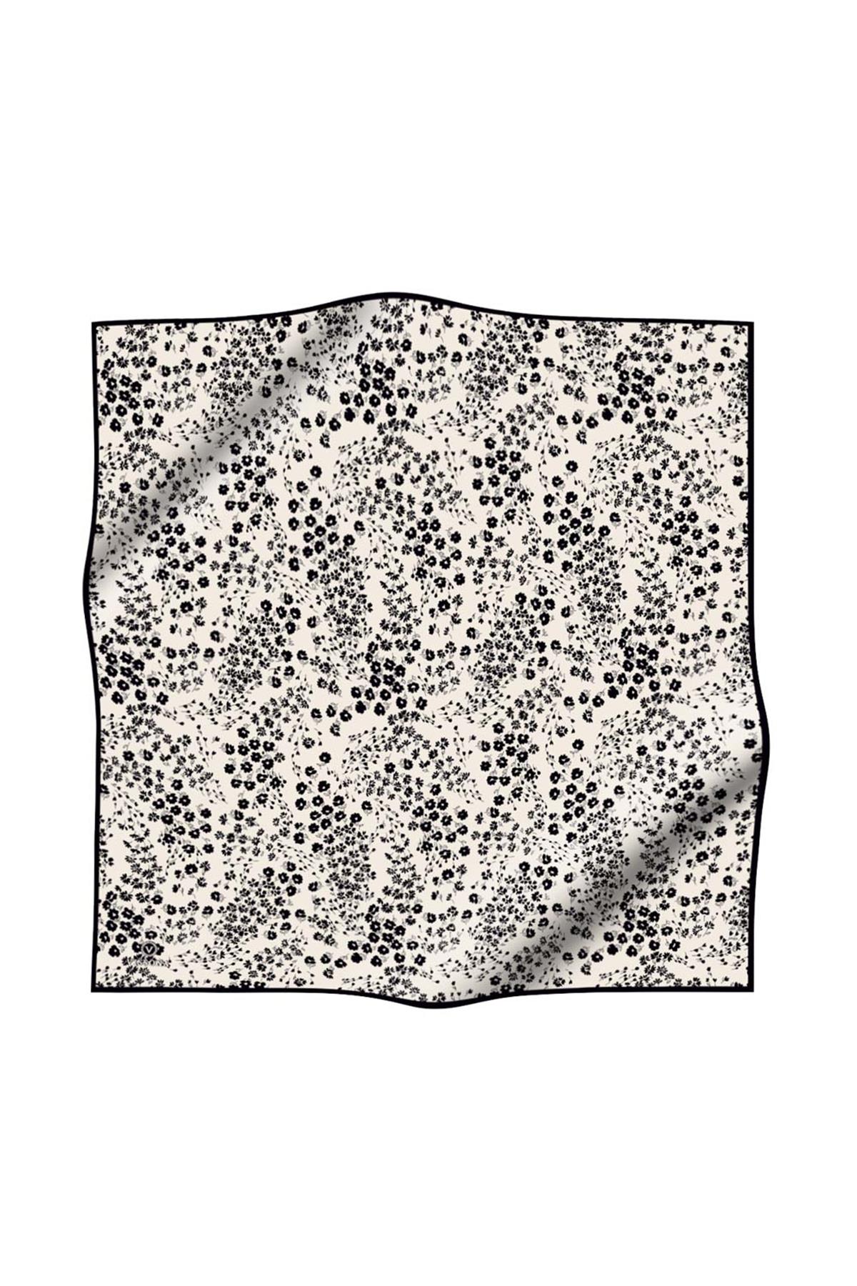 %100 Twill İpek Çıtır Çiçek Desenli Krem - Siyah Renkli 90x90 Eşarp Dikim Şekli : El Dikişi