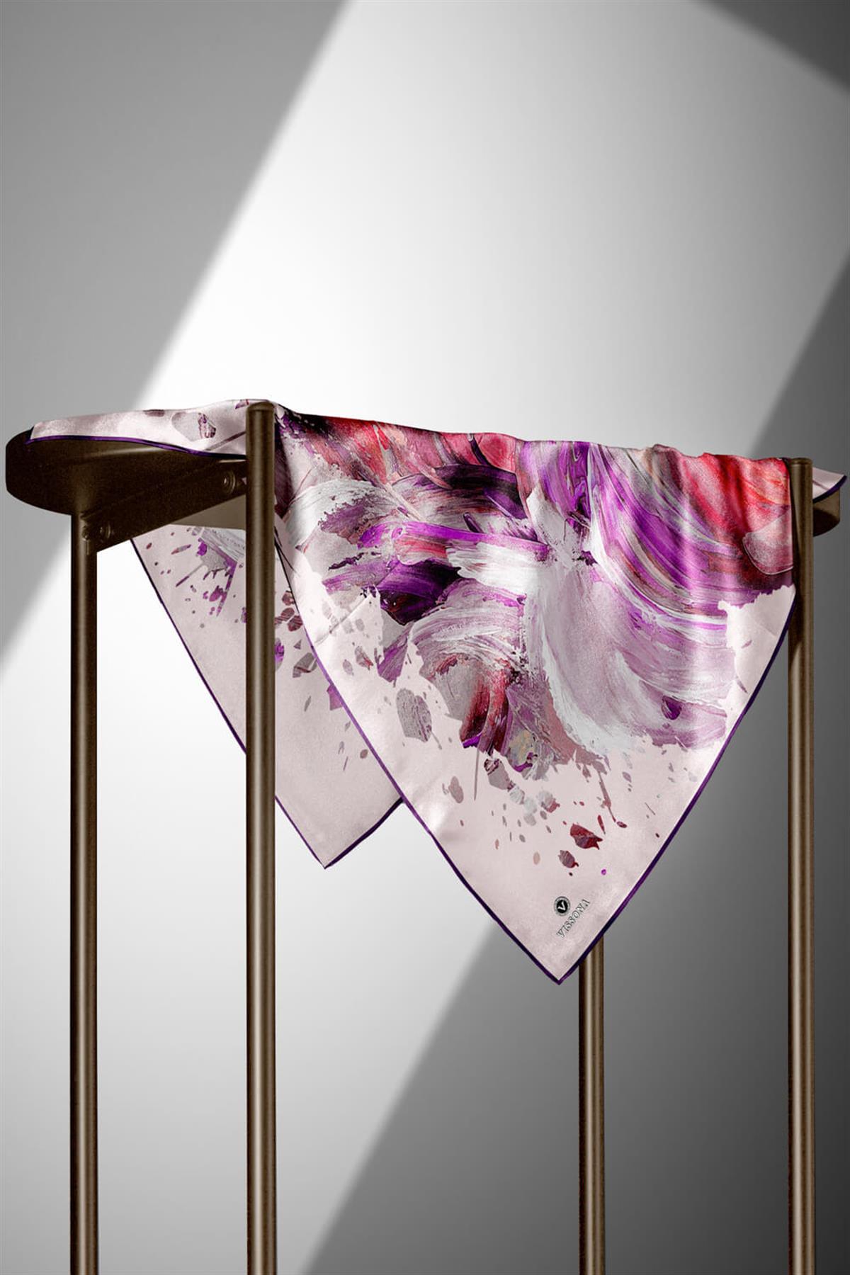 %100 Twill İpek Fırça Darbesi Desenli Mor - Pembe Renkli 90x90 Eşarp Dikim Şekli : El Dikişi