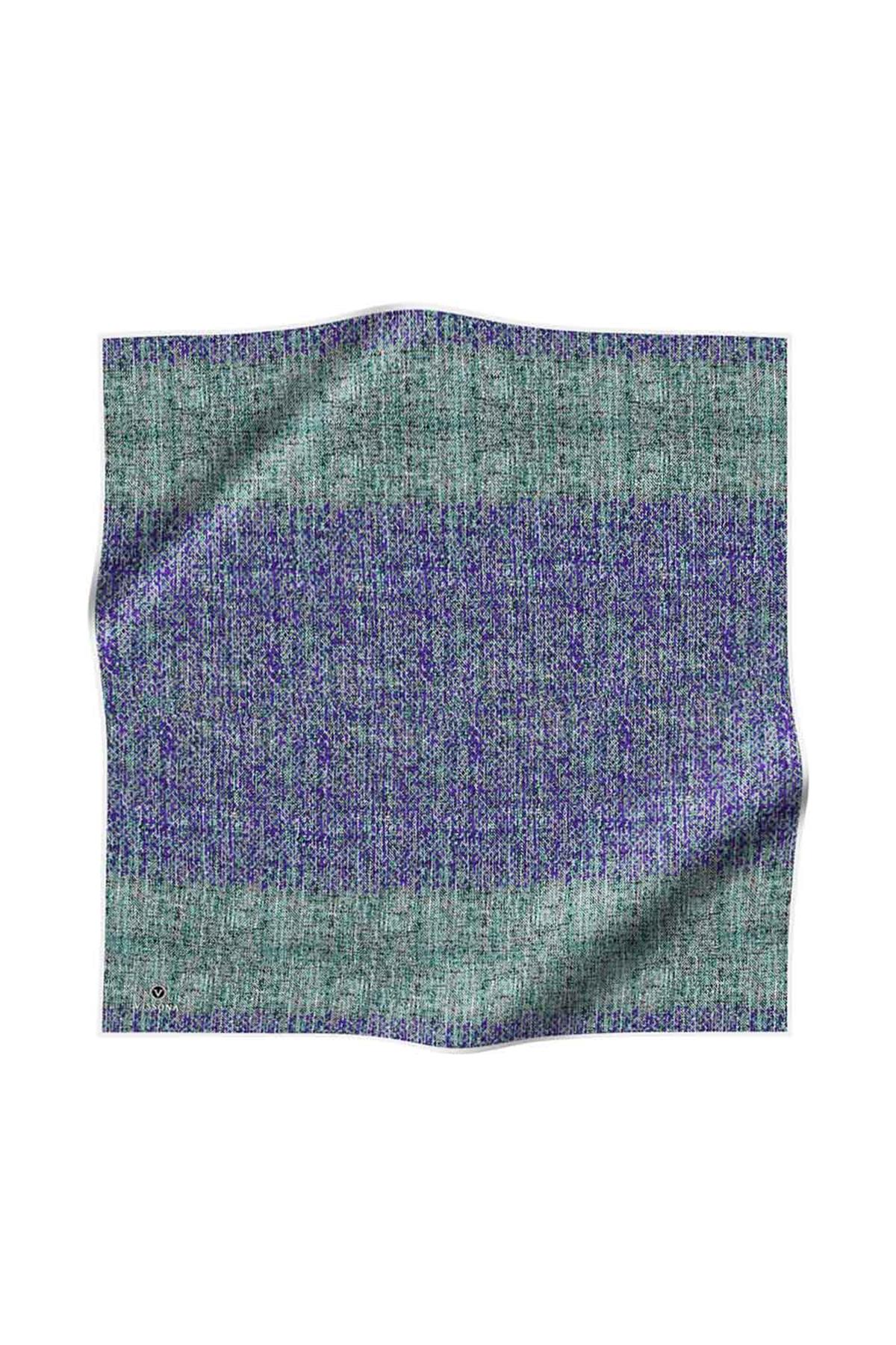 %100 Twill İpek Dokulu Desen Mor - Turkuaz Renkli 90x90 Eşarp Kenar Dikiş Şekli El Dikişli