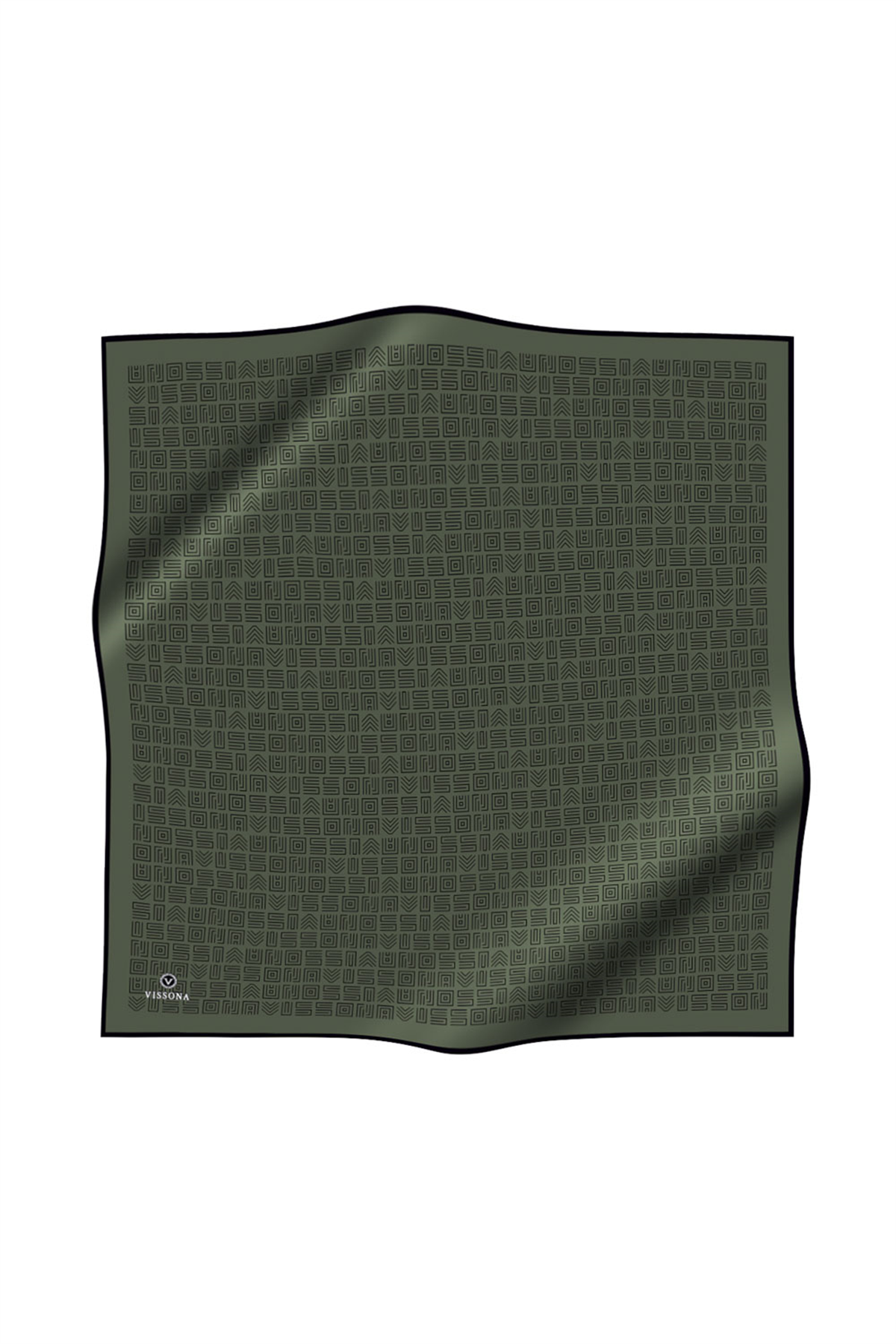 %57 İPEK %43 VİSKON Twill İpek Etnik Motif Desenli Haki - Siyah Renkli 90x90 Eşarp Dikim Şekli : El Dikişi