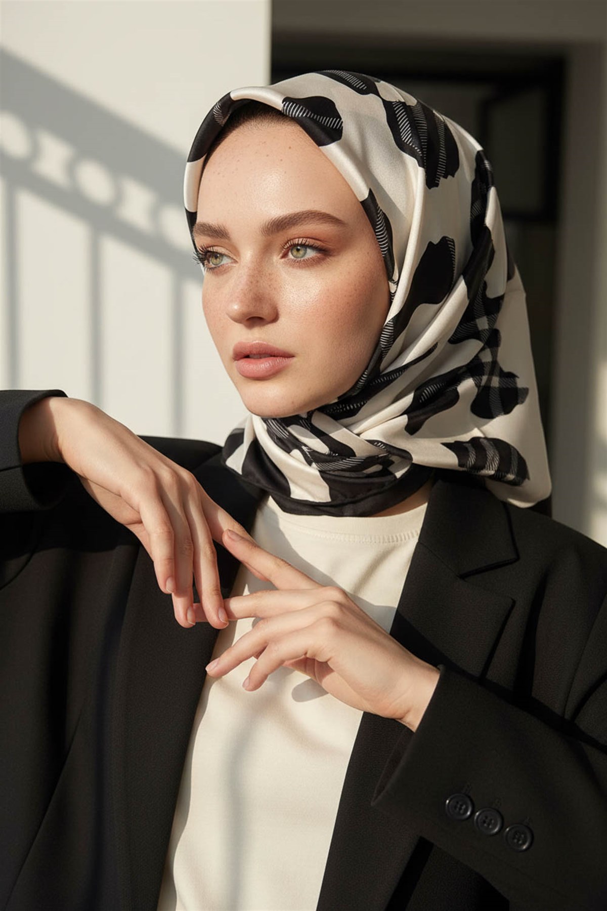 %100 Twill İpek Leopar Desenli Krem - Siyah Renkli 90x90 Eşarp Dikim Şekli : El Dikişi
