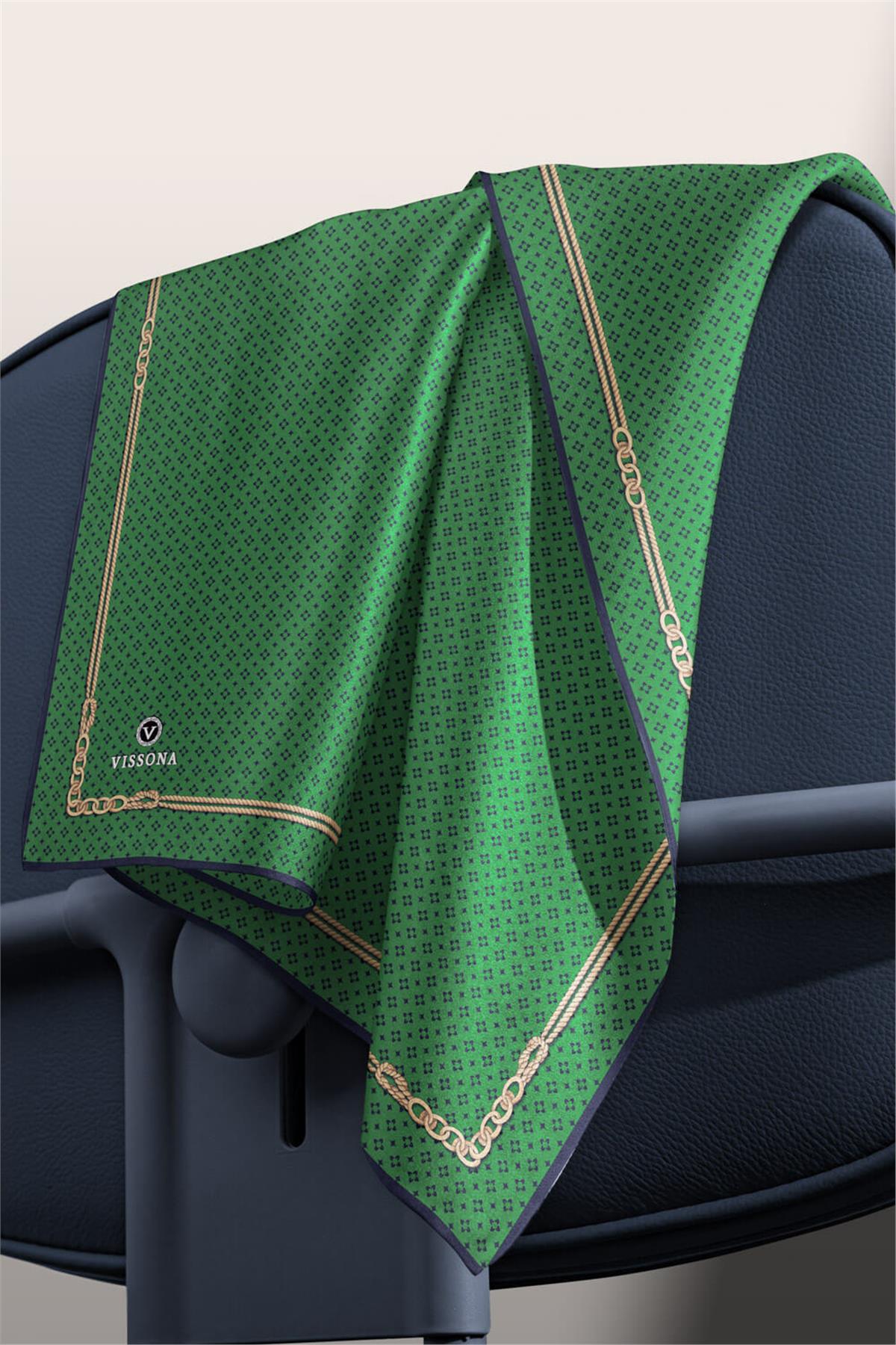 %100 Twill İpek Zincir Desenli Zümrüt Yeşili - Siyah Renkli 90x90 Eşarp Dikim Şekli : El Dikişi