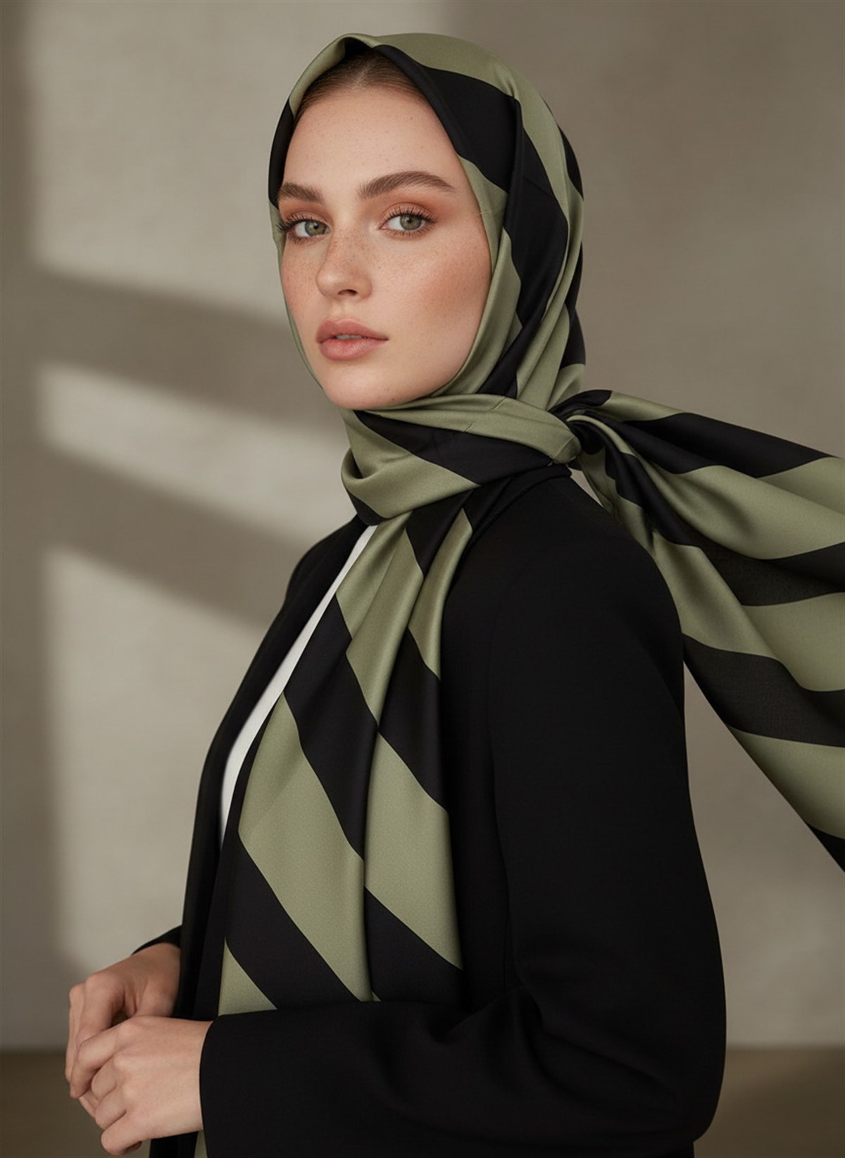 %100 Saf İpek Şal İnce Saten Vual Dokuma Çizgili Desenli Haki - Siyah Renkli 90x210 Şal