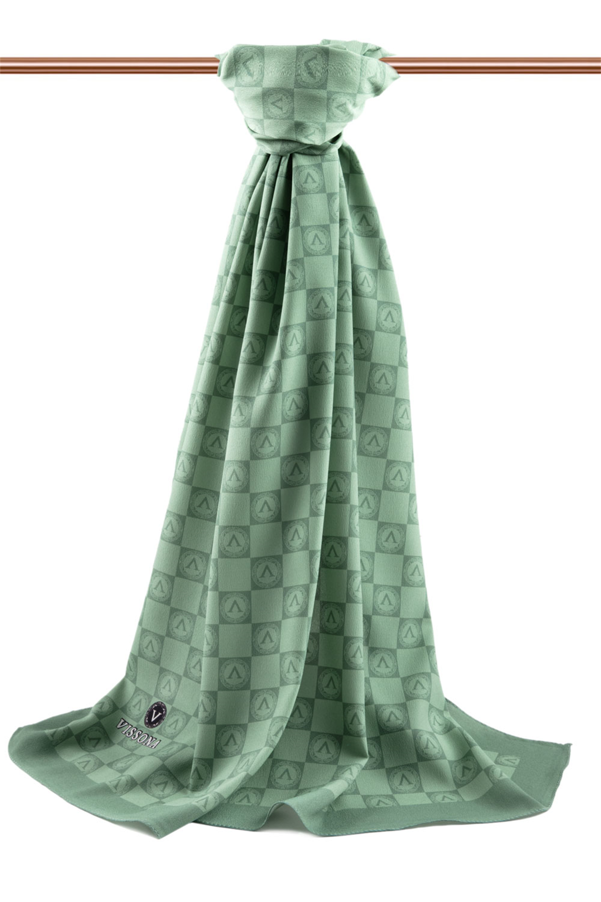LÜKS MEDİNE İPEĞİ MONOGRAM DESENLİ KÜF YEŞİLİ RENKLİ 75X195 KIRIŞMAZ ŞAL MOSS KREP DİKİŞ TİPİ İTALYAN DİKİŞLİ
