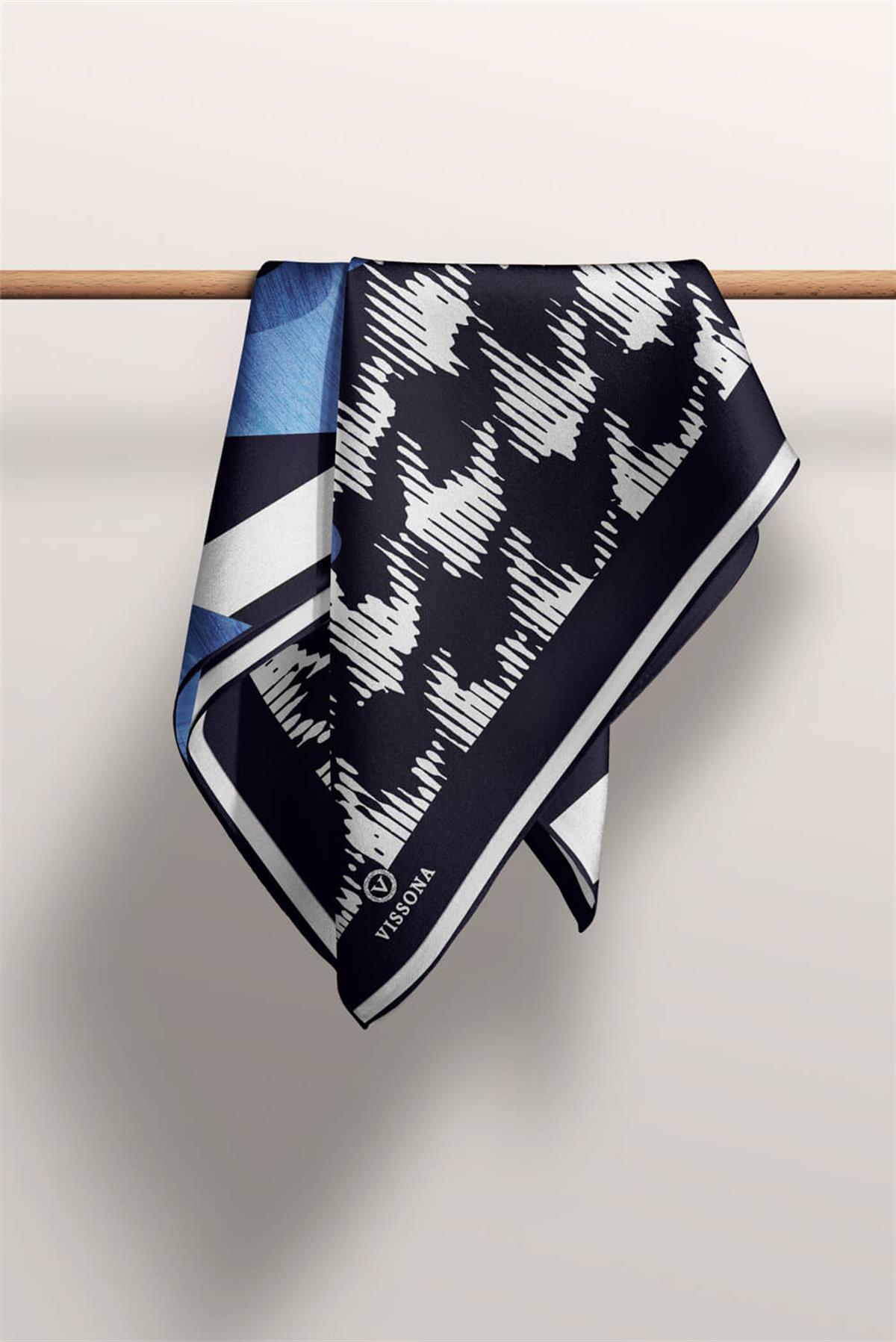 %100 Twill İpek Kazayağı Desenli İndigo - Lacivert Renkli 90x90 Eşarp Kenar Dikiş Şekli El Dikişli