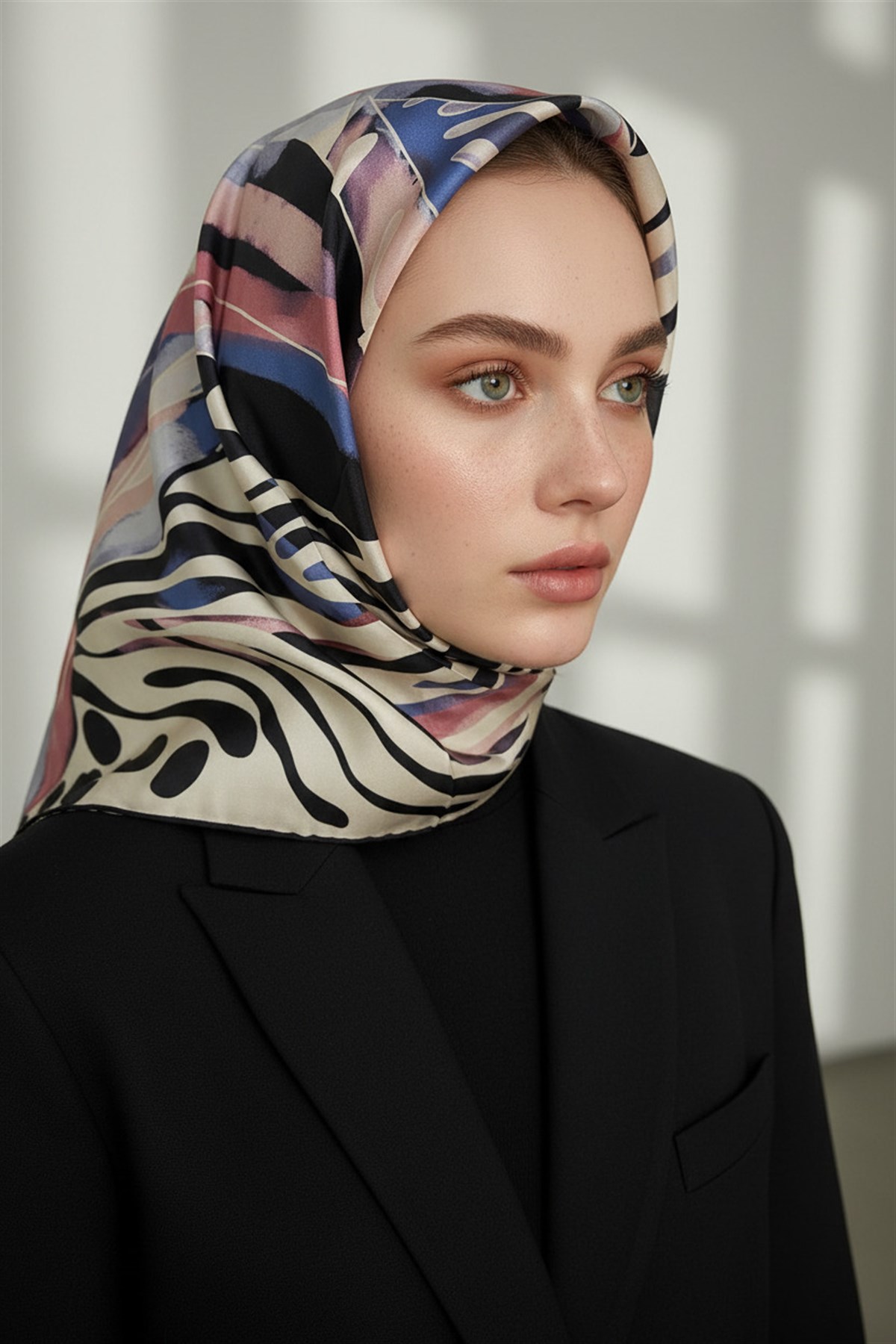 %100 Twill İpek Amazon Desenli Pudra - Gri Renkli 90x90 Eşarp Kenar Dikiş Şekli El Dikişli