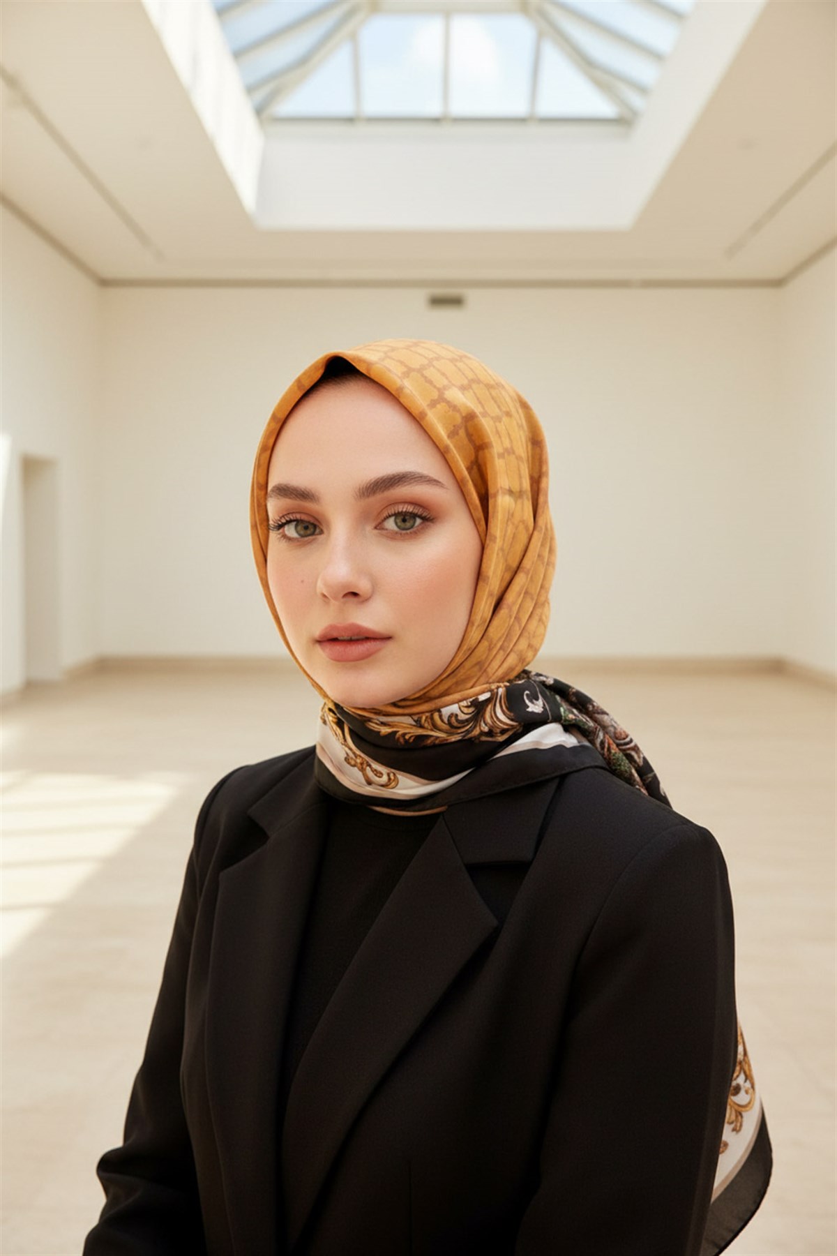 %100 Saf İpek Şal İnce Saten Vual Dokuma Dokuma Çiçek Desenli Siyah- Gold Renkli 90x210 Şal