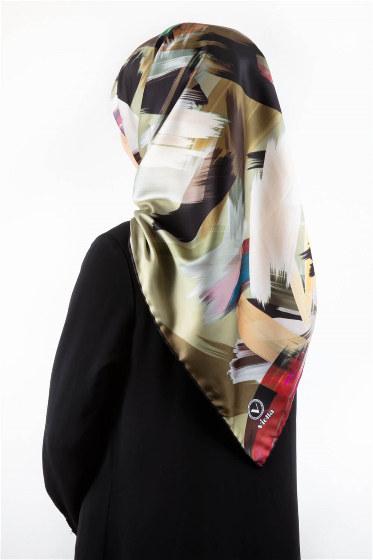 Twill Fırça Desenli Haki Renkli 90x90 Eşarp (İpek İçermez) Kenar Dikiş Şekli El Dikişli
