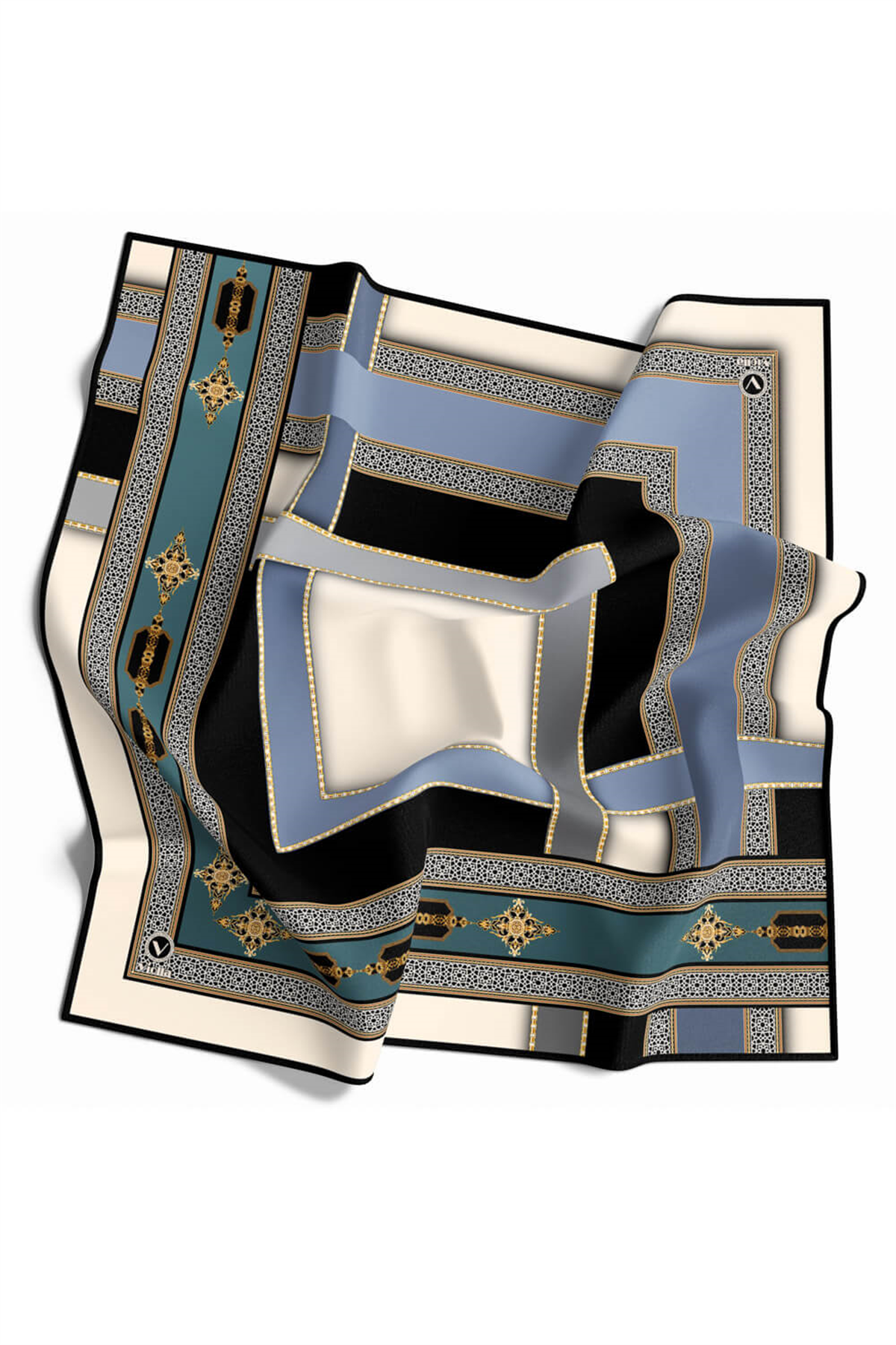Twill Gold Detaylı ve Antik Motif Desenli Petrol Yeşili - İndigo Renkli 90x90 Eşarp (İpek İçermez) Kenar Dikiş Şekli El Dikişli