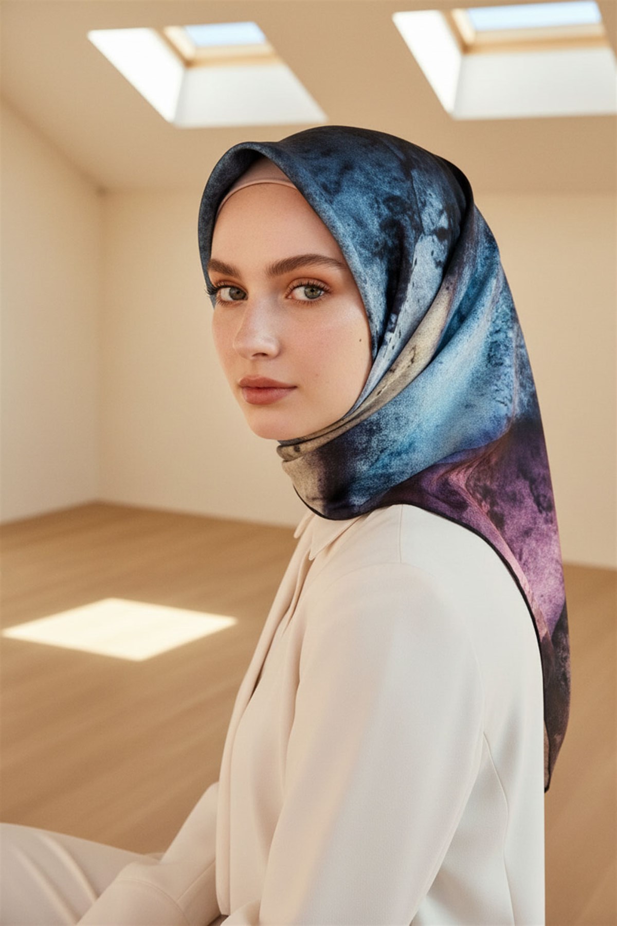 % 57 İPEK % 43 VİSKON Twill İpek Dokulu Ve Geometrik Desenli Mint Yeşili - Lila Renkli 90x90 Eşarp Dikim Şekli : El Dikişi