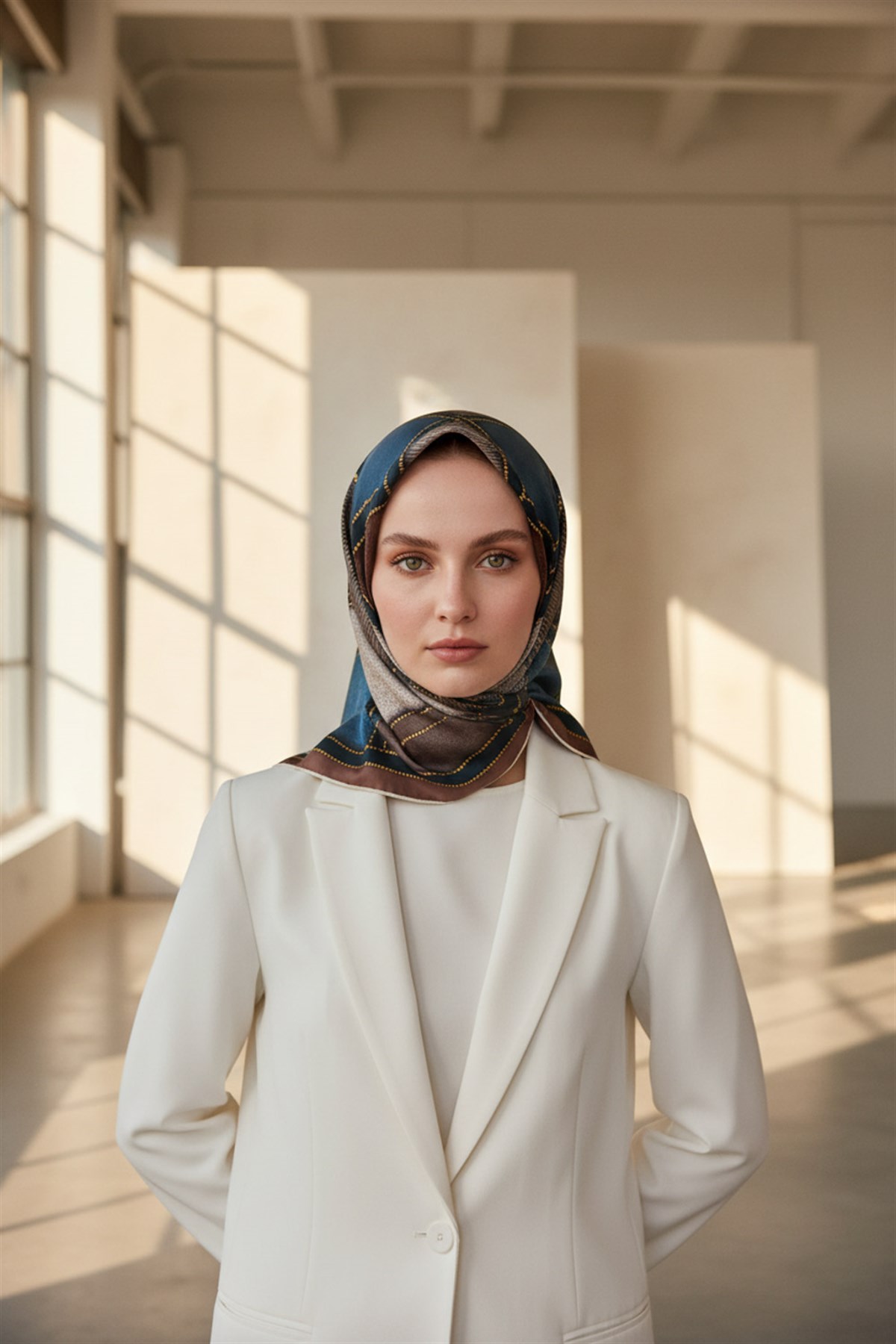 100% Twill İpek Gold Detaylı Kare Desenli Gül Kurusu - Petrol Yeşili Renkli 90x90 Dikim Şekli : El Dikişi